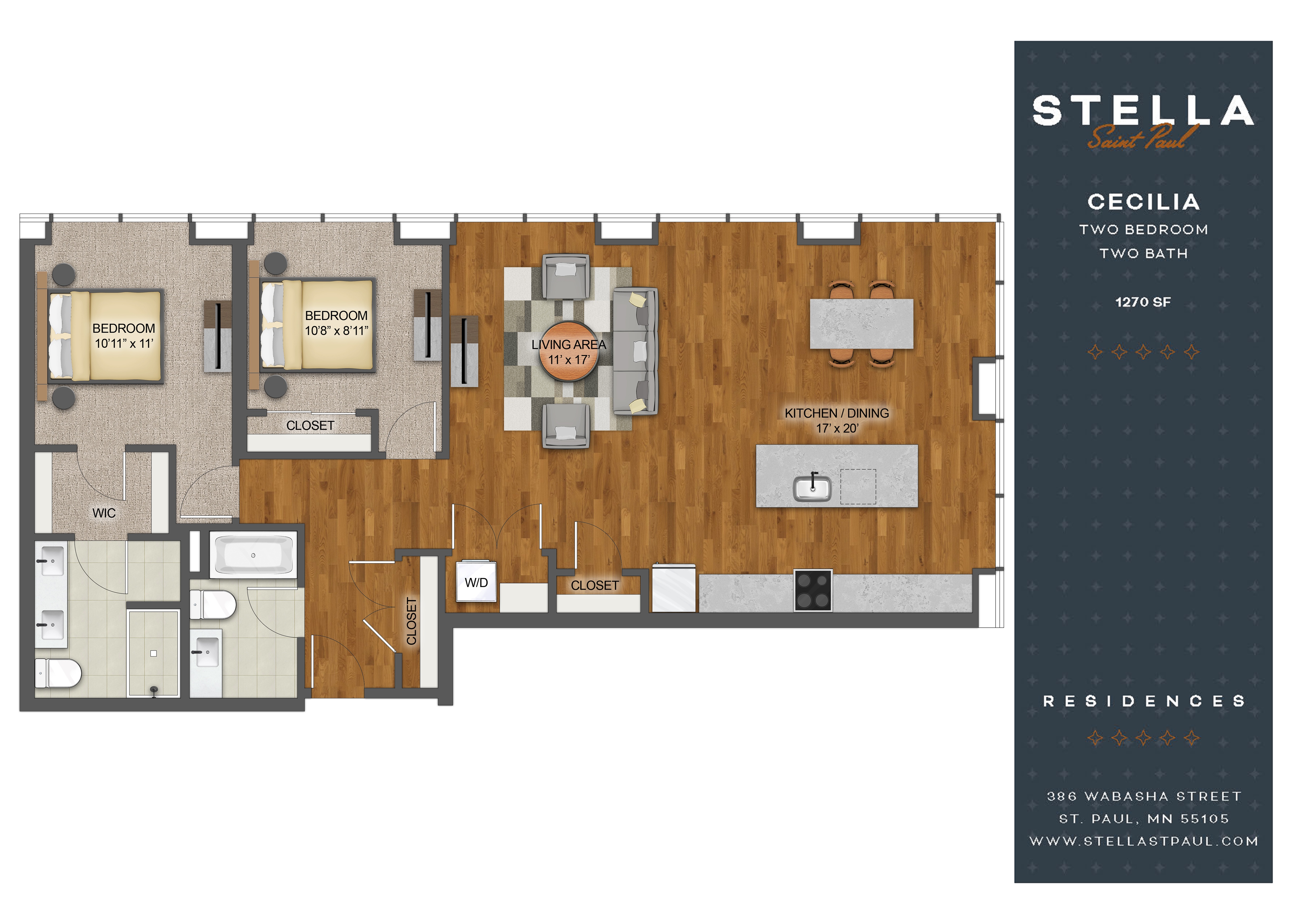 Floor plan for 2 beds, 2 baths, 1270 sqft