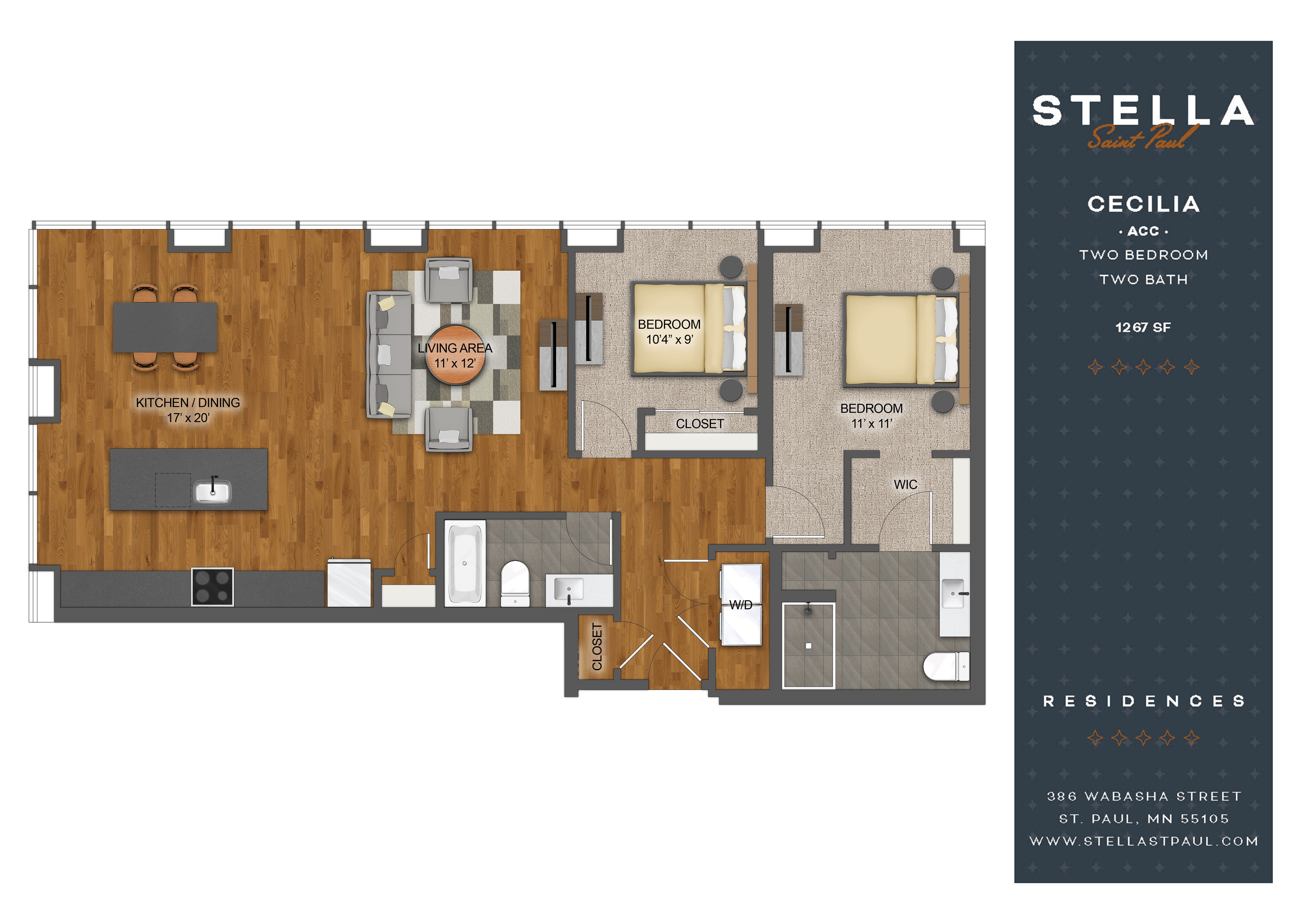 Floor plan for 2 beds, 2 baths, 1267 sqft