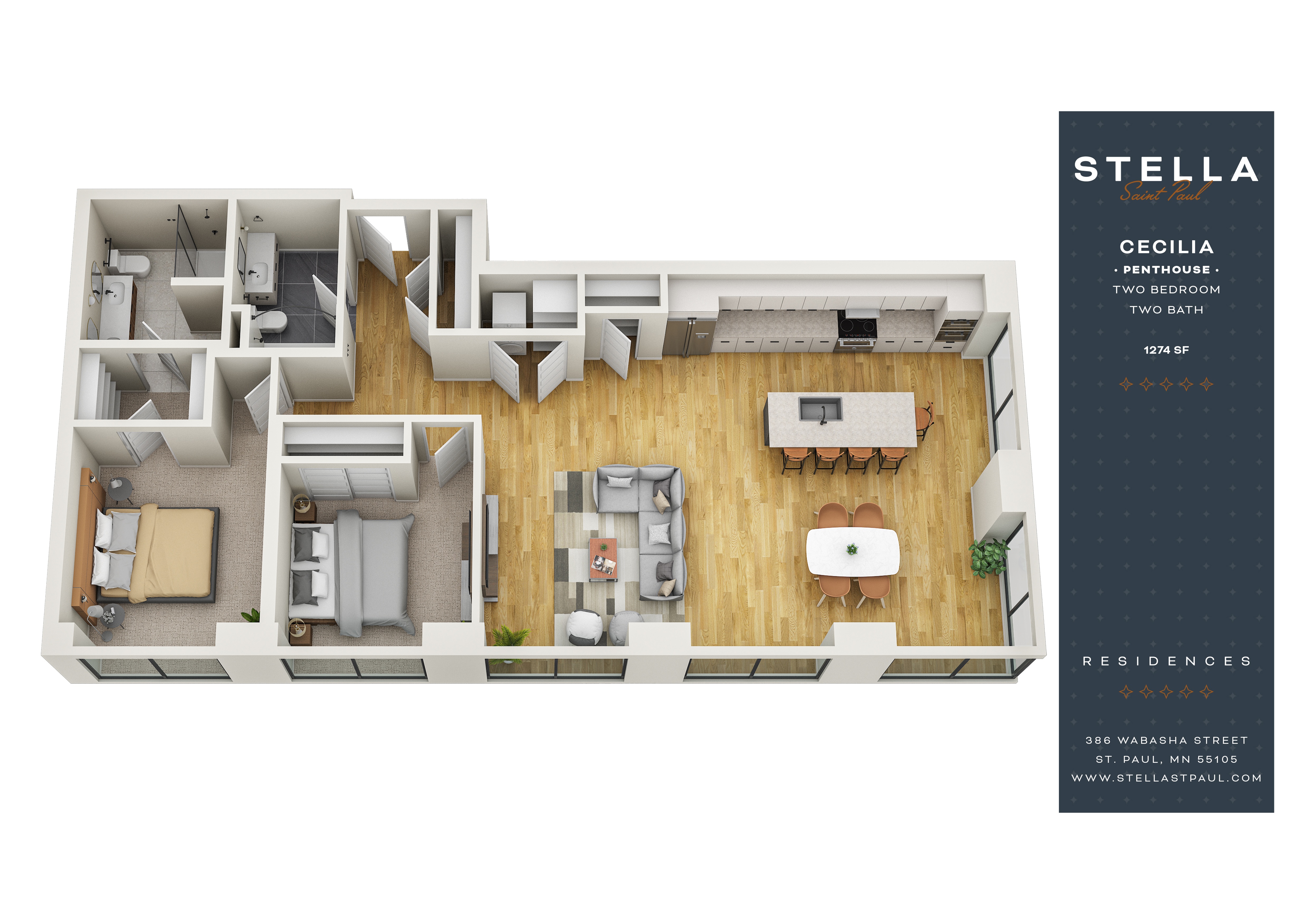 Floor plan for 2 beds, 2 baths, 1274 sqft
