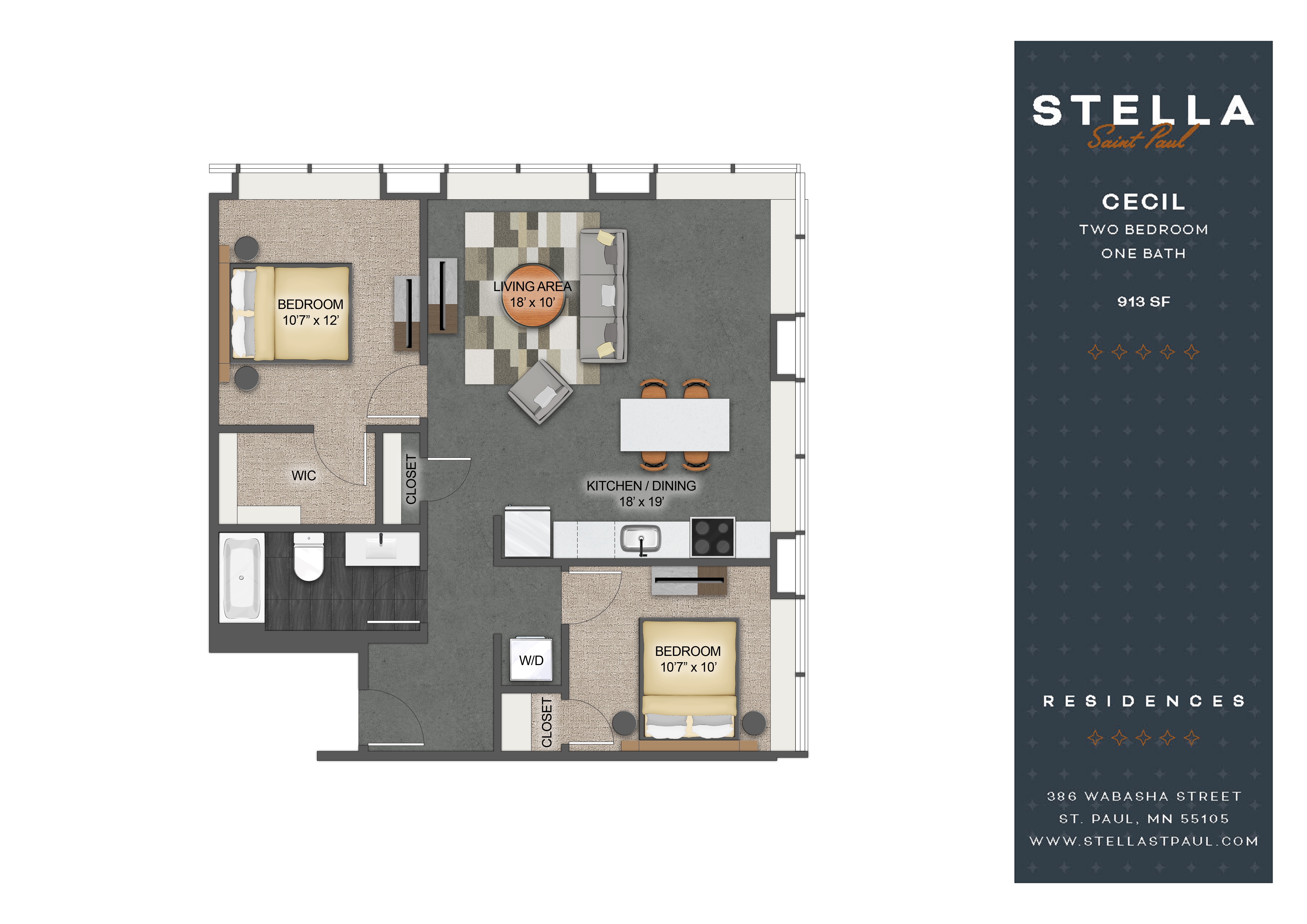 Floor plan for 2 beds, 1 bath, 913 sqft