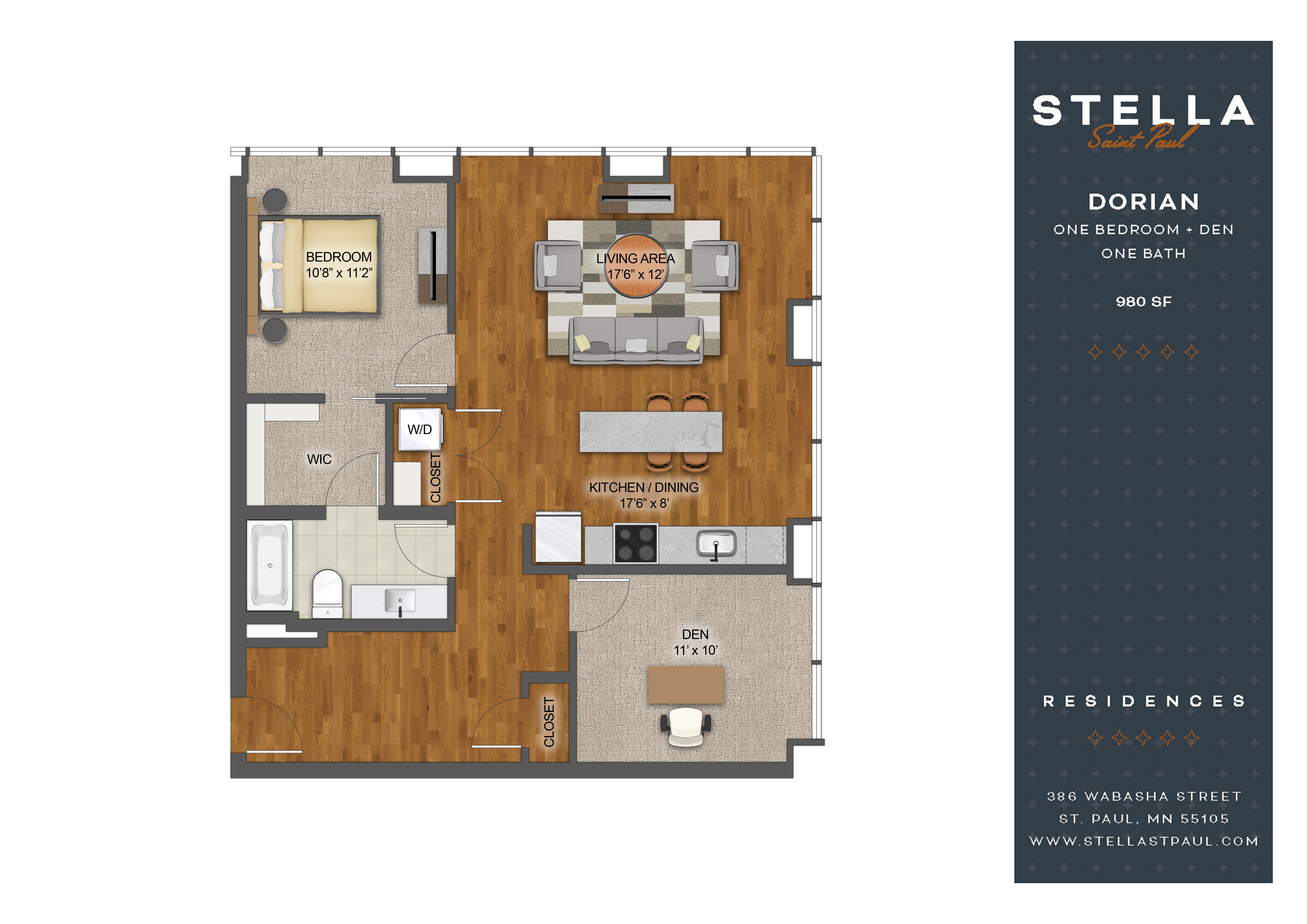 Floor plan for 1 bed, 1 bath, 980 sqft