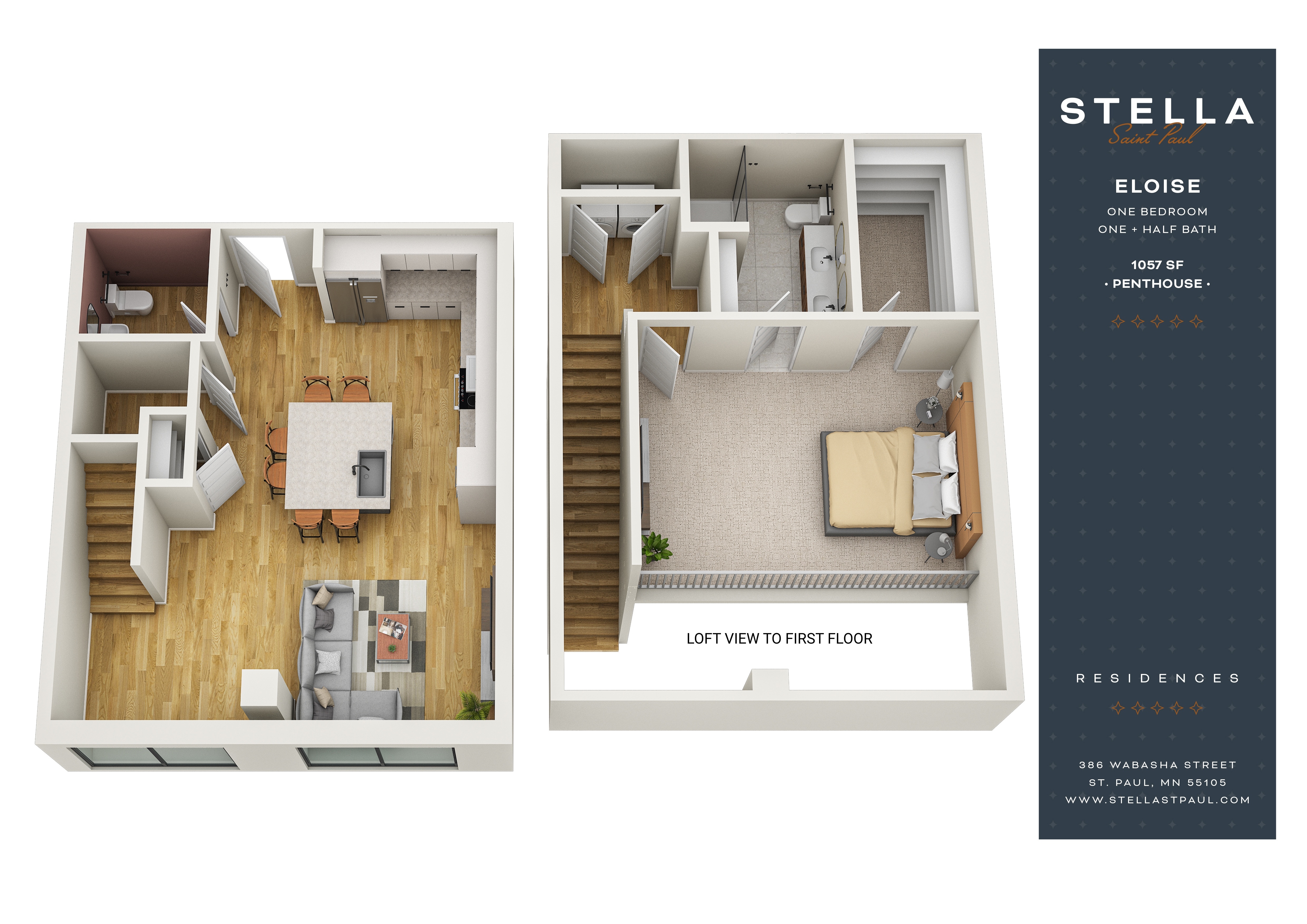 Floor plan for 1 bed, 1.5 baths, 1062 sqft
