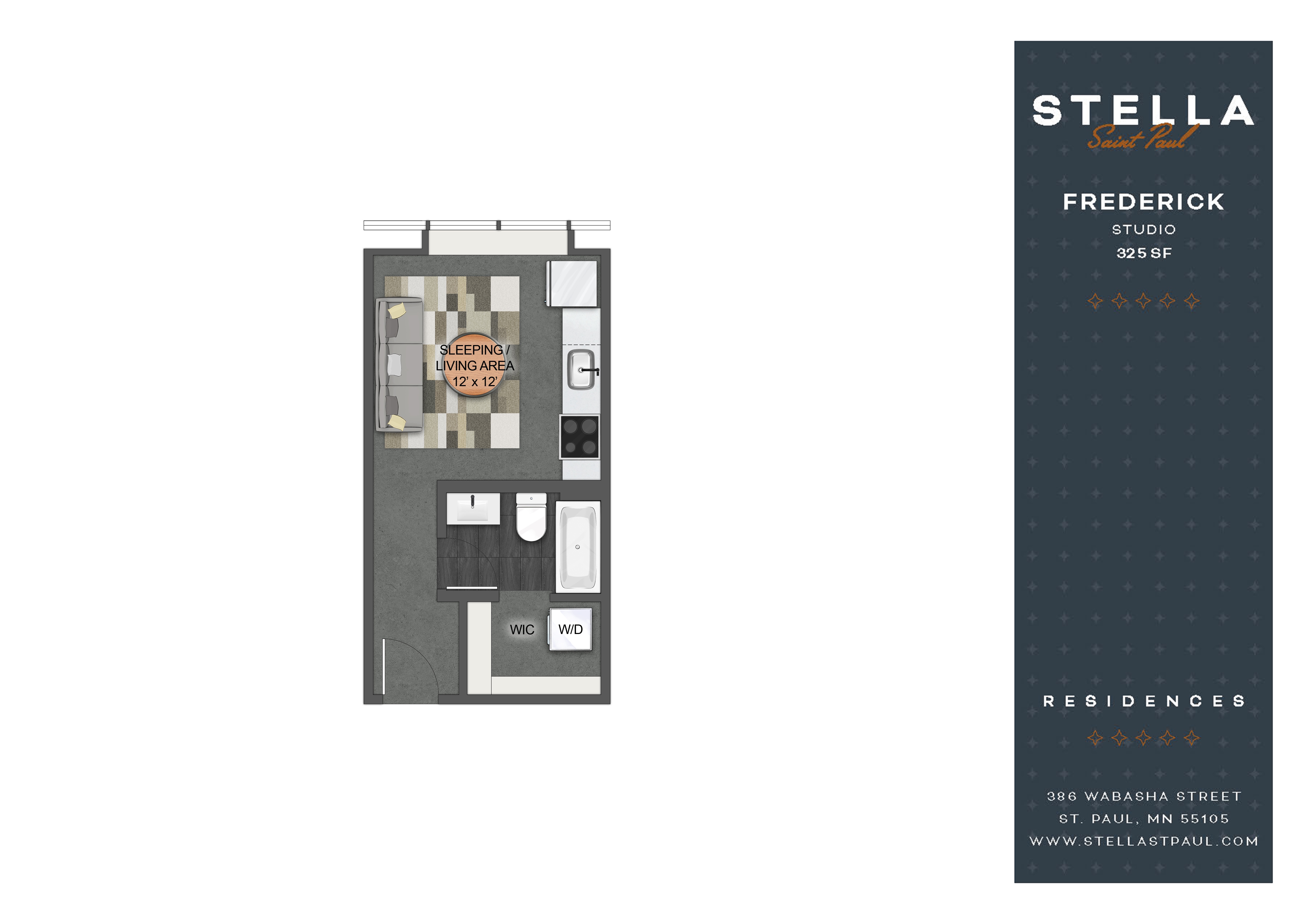 Floor plan for studio, 1 bath, 325 sqft