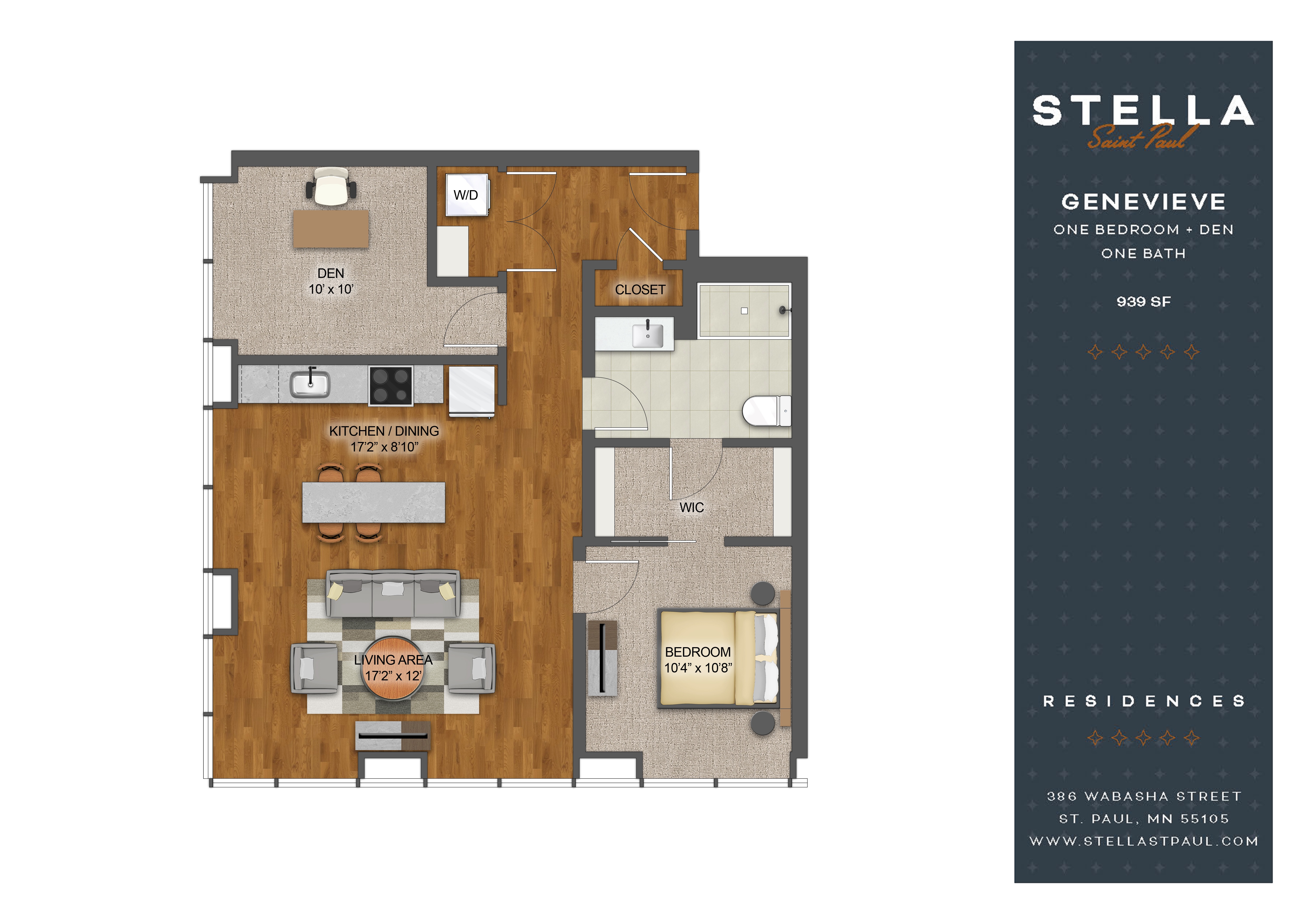 Floor plan for 1 bed, 1 bath, 939 sqft