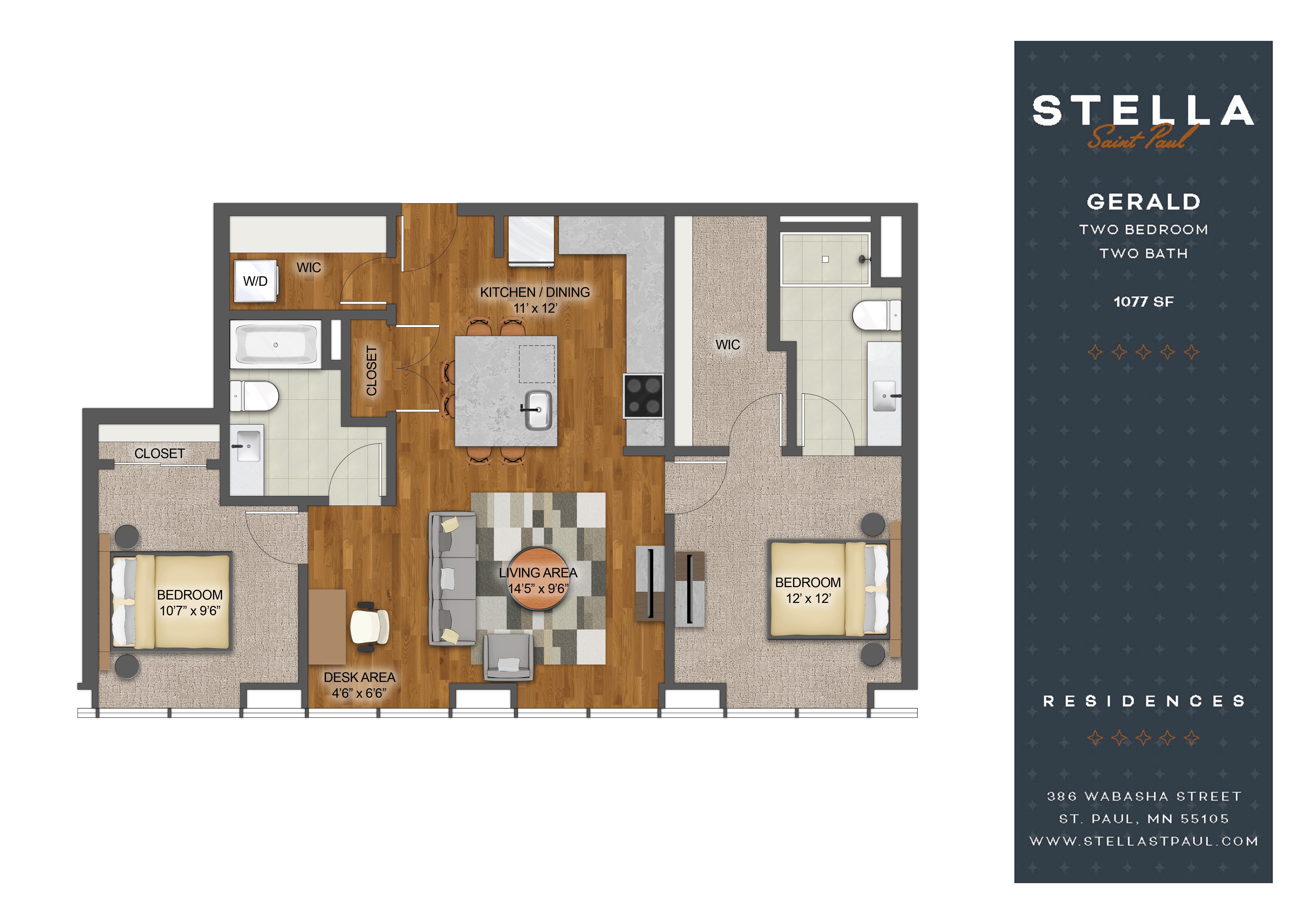 Floor plan for 2 beds, 2 baths, 1077 sqft