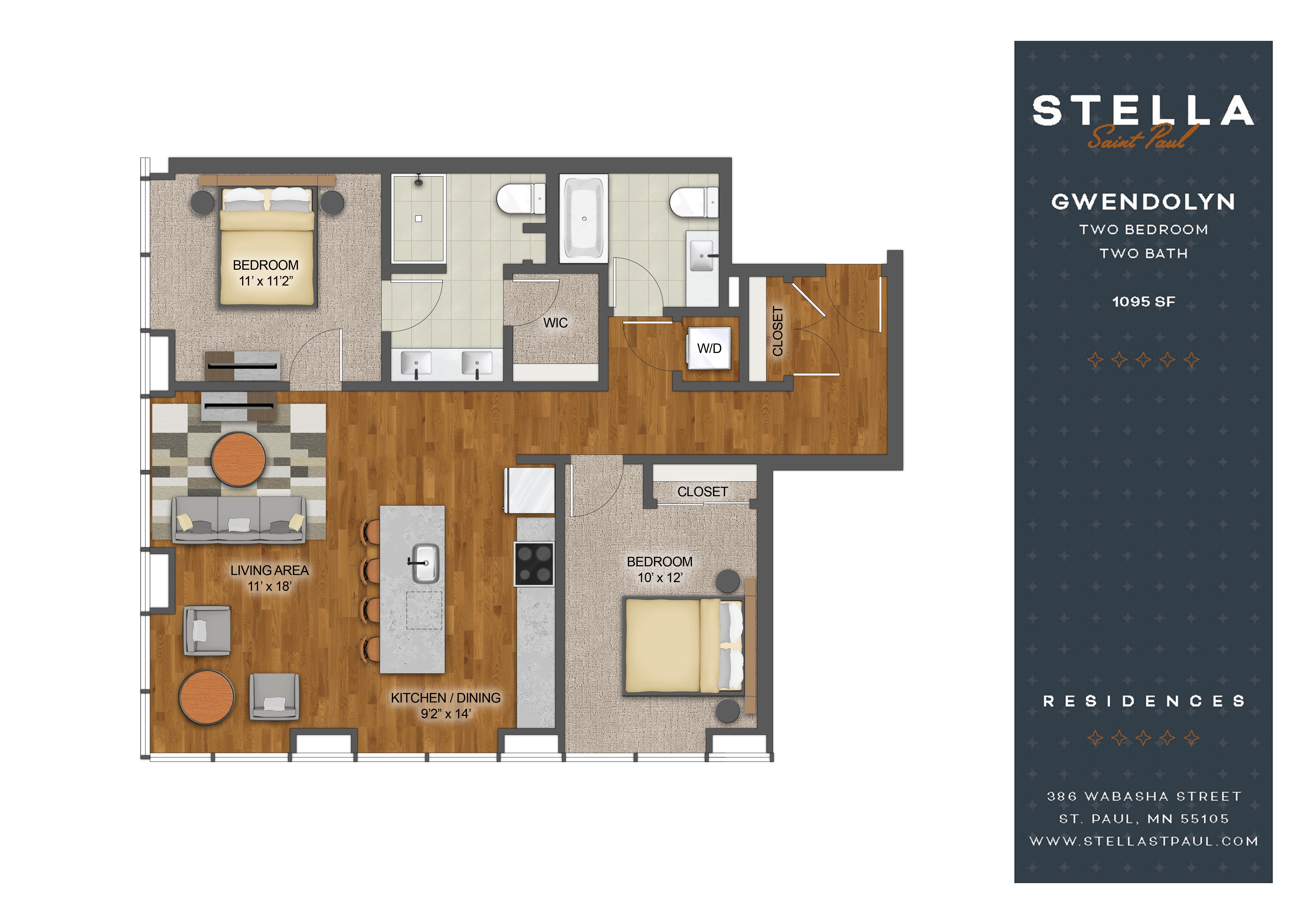 Floor plan for 2 beds, 2 baths, 1095 sqft