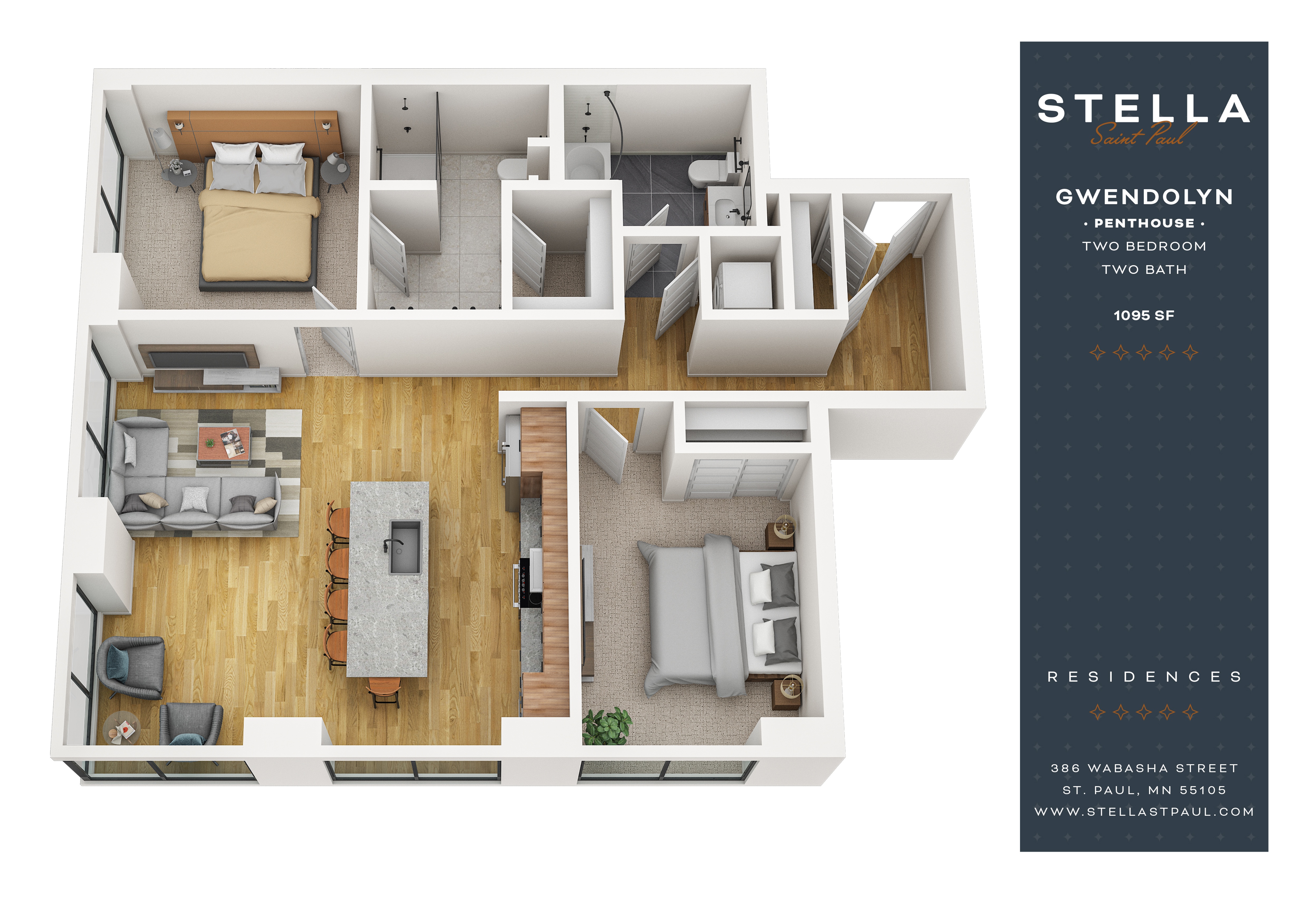 Floor plan for 2 beds, 2 baths, 1095 sqft
