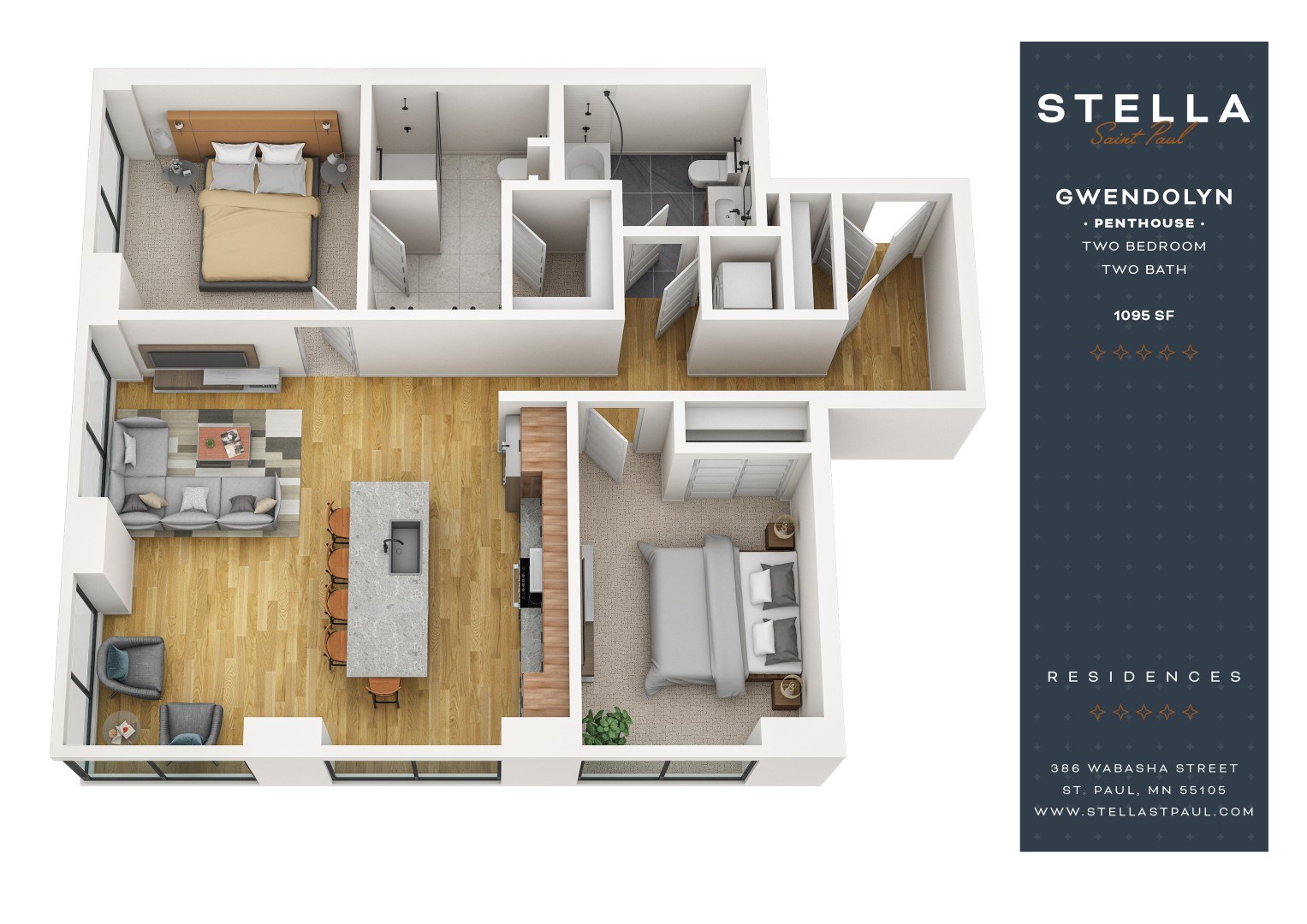 Floor plan for 2 beds, 2 baths, 1095 sqft