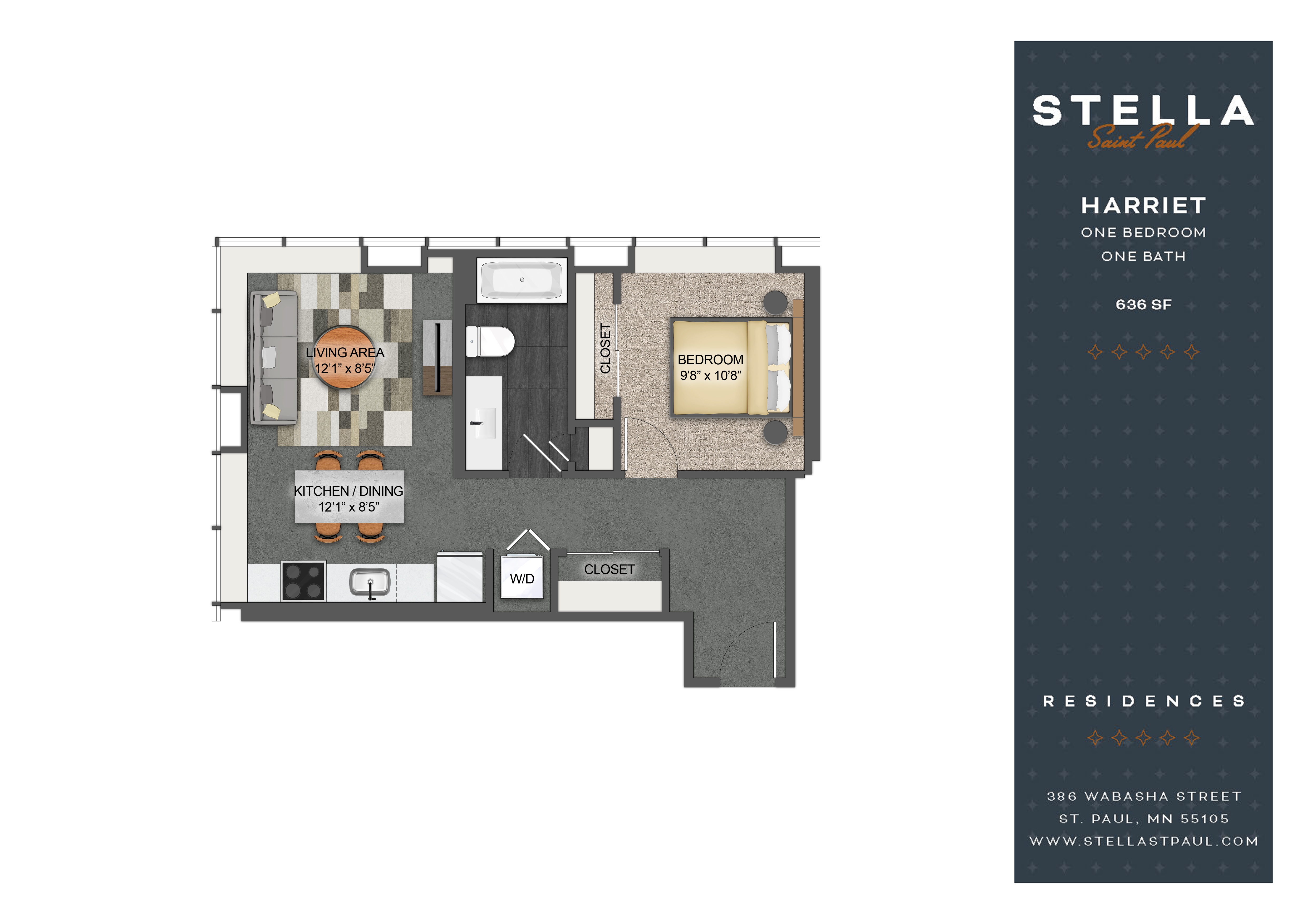 Floor plan for 1 bed, 1 bath, 636 sqft