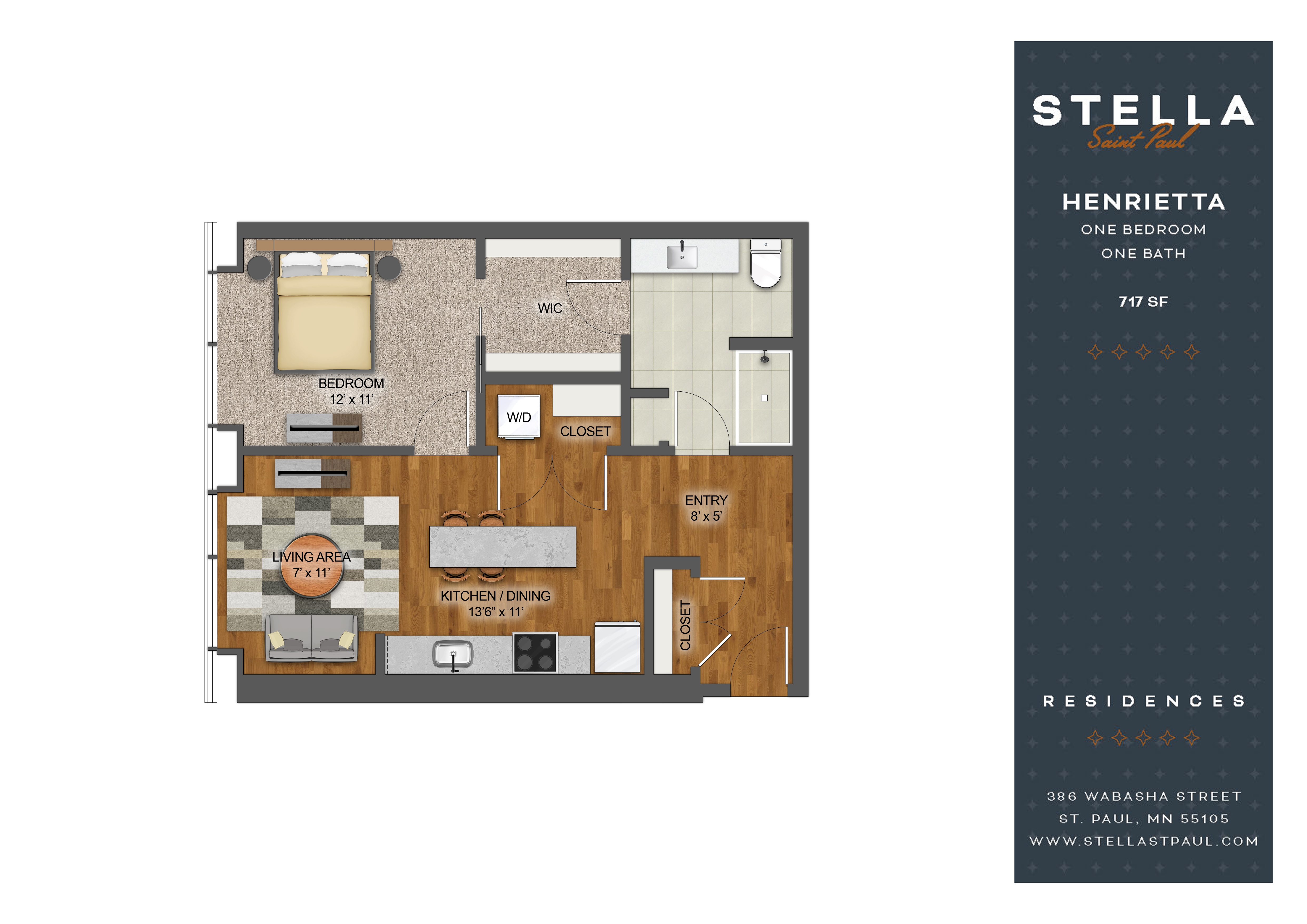 Floor plan for 1 bed, 1 bath, 717 sqft