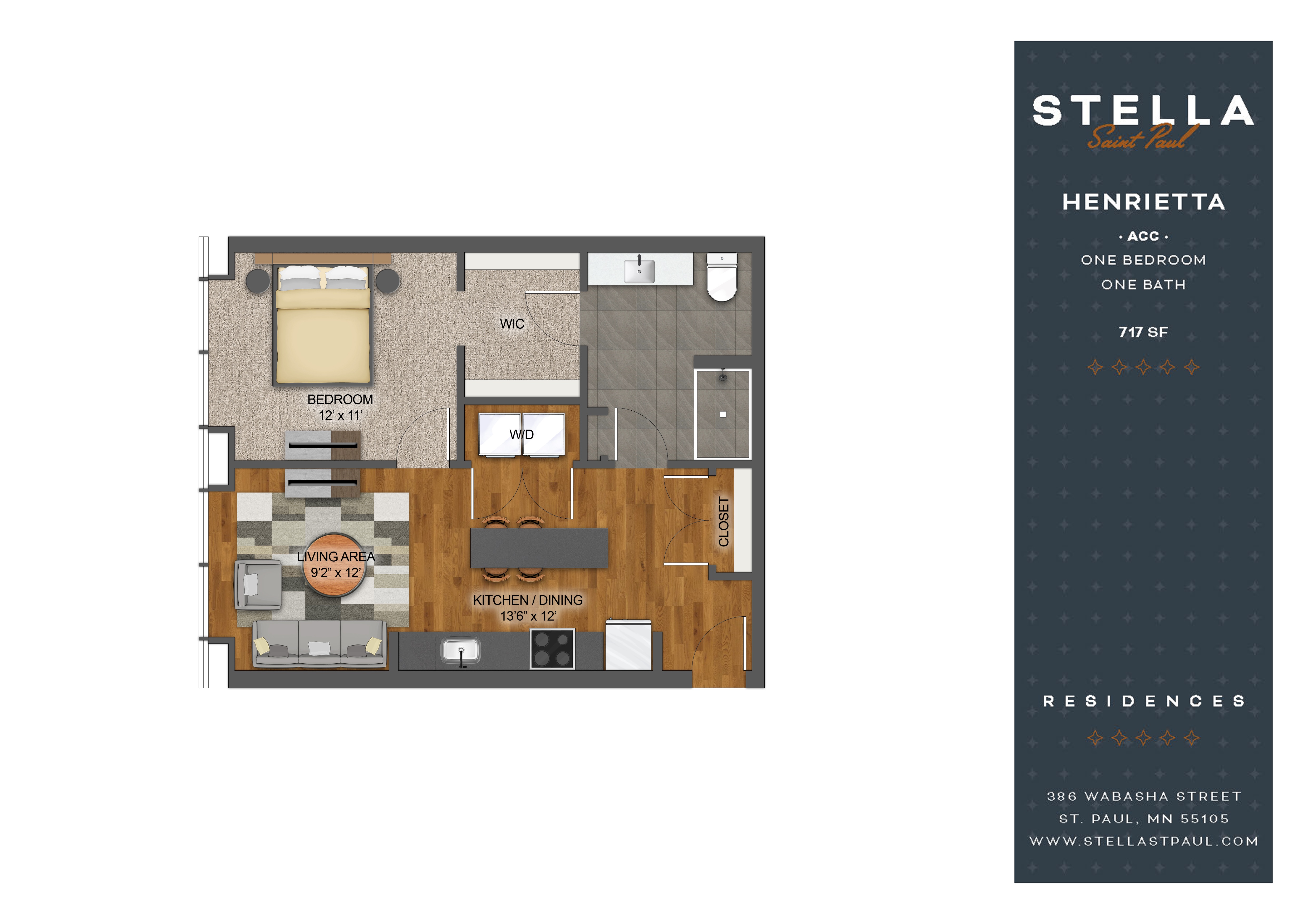 Floor plan for 1 bed, 1 bath, 717 sqft