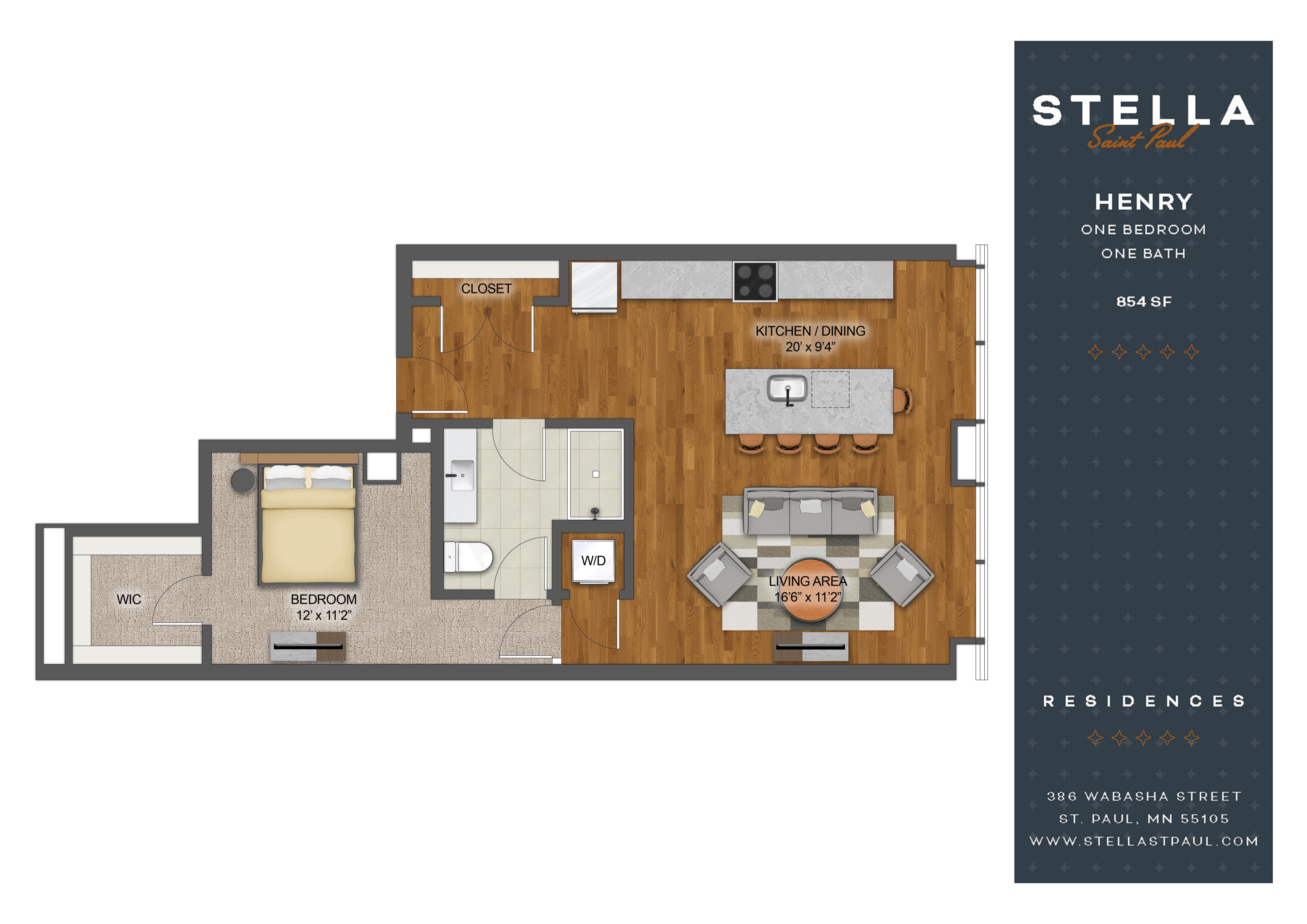 Floor plan for 1 bed, 1 bath, 854 sqft