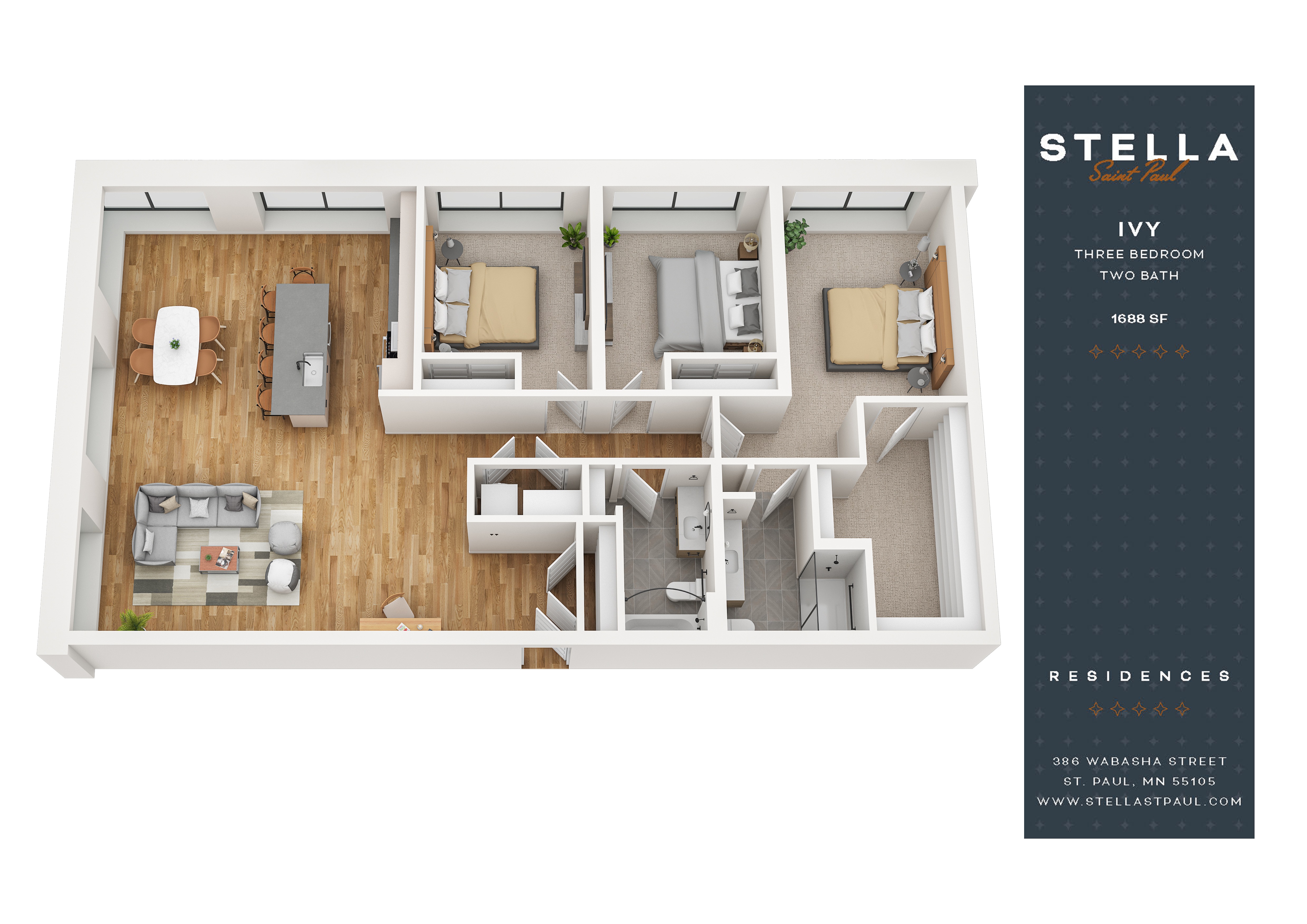 Floor plan for 3 beds, 2 baths, 1688 sqft