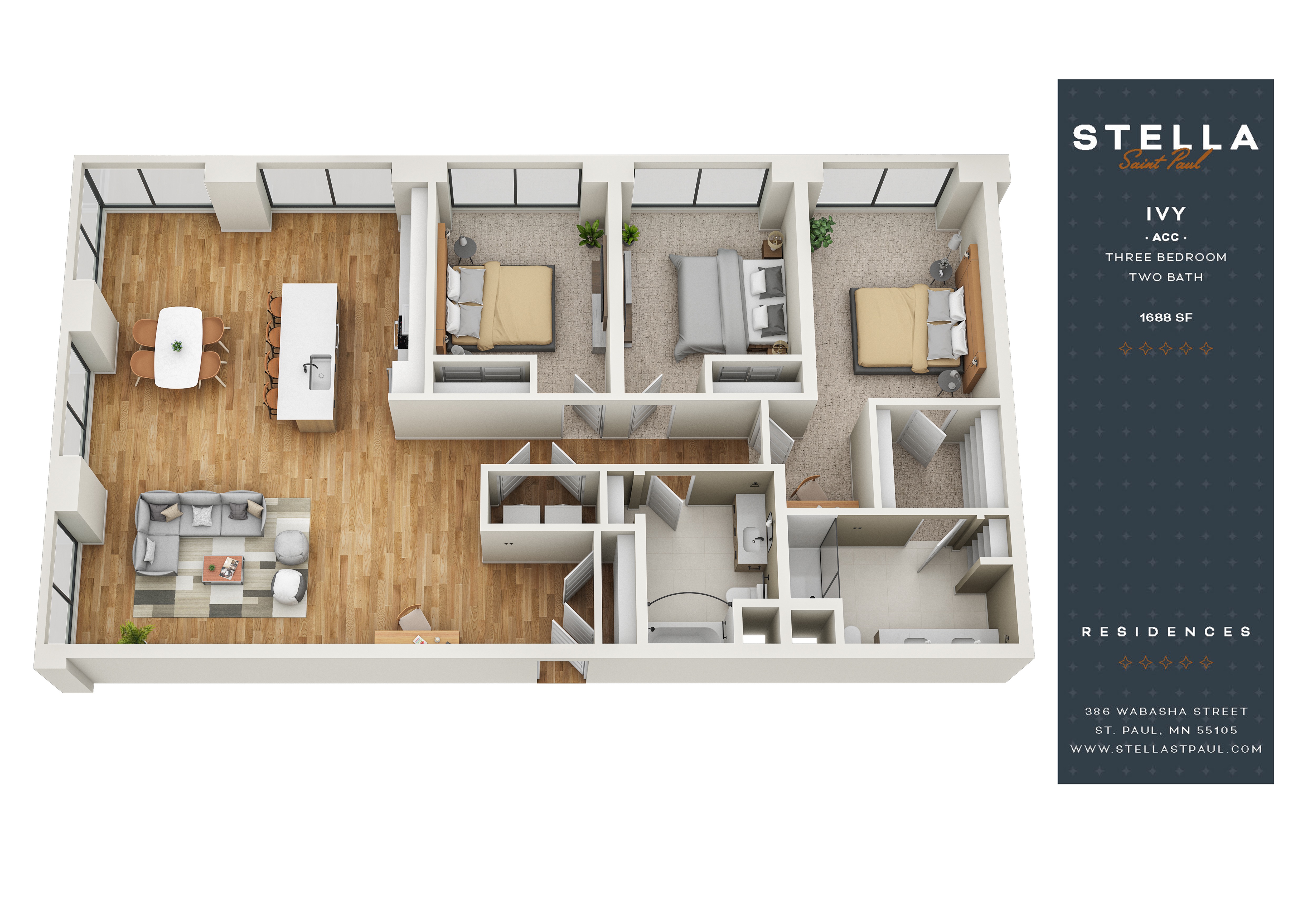 Floor plan for 3 beds, 2 baths, 1688 sqft