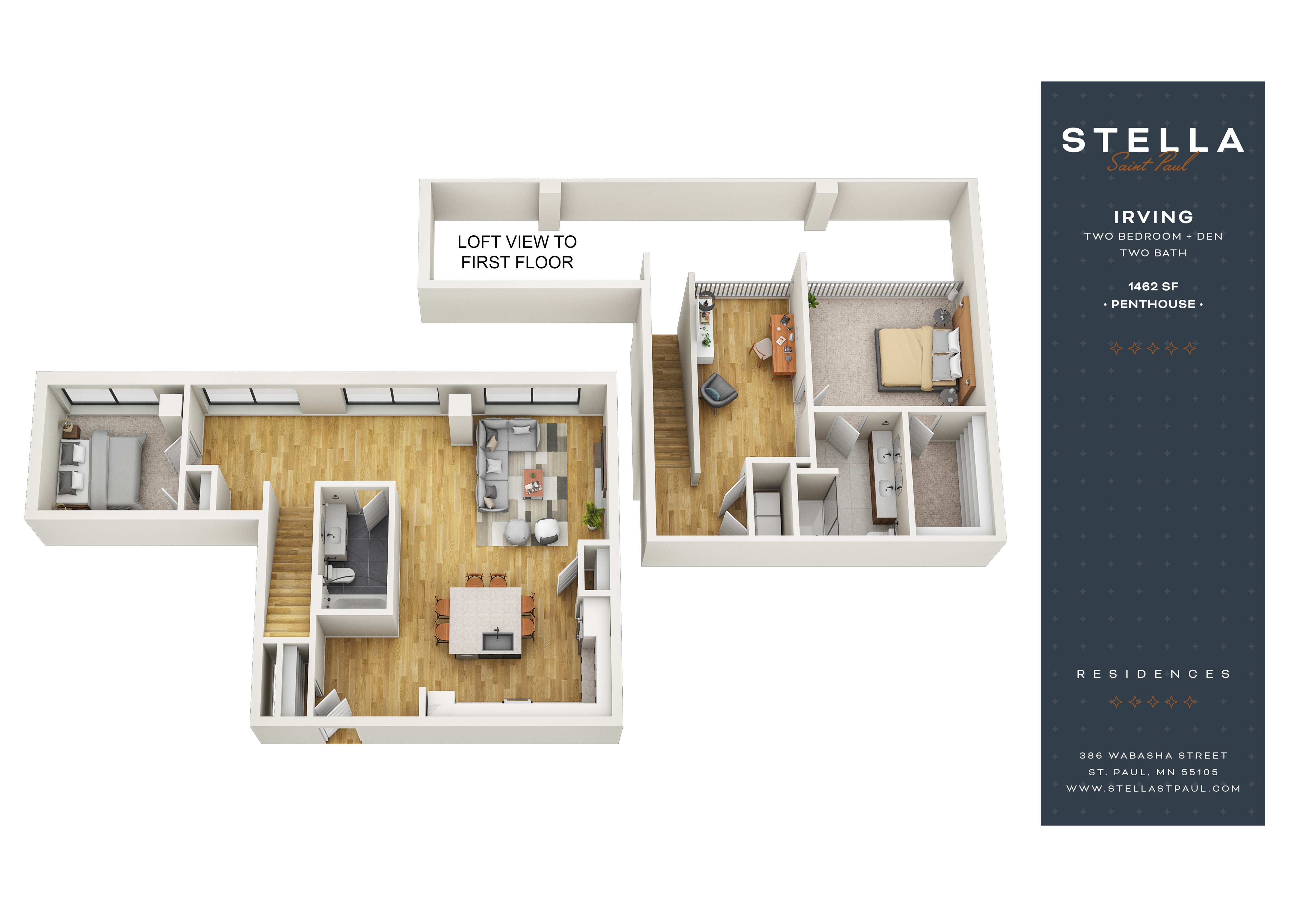 Floor plan for 2 beds, 2 baths, 1462 sqft