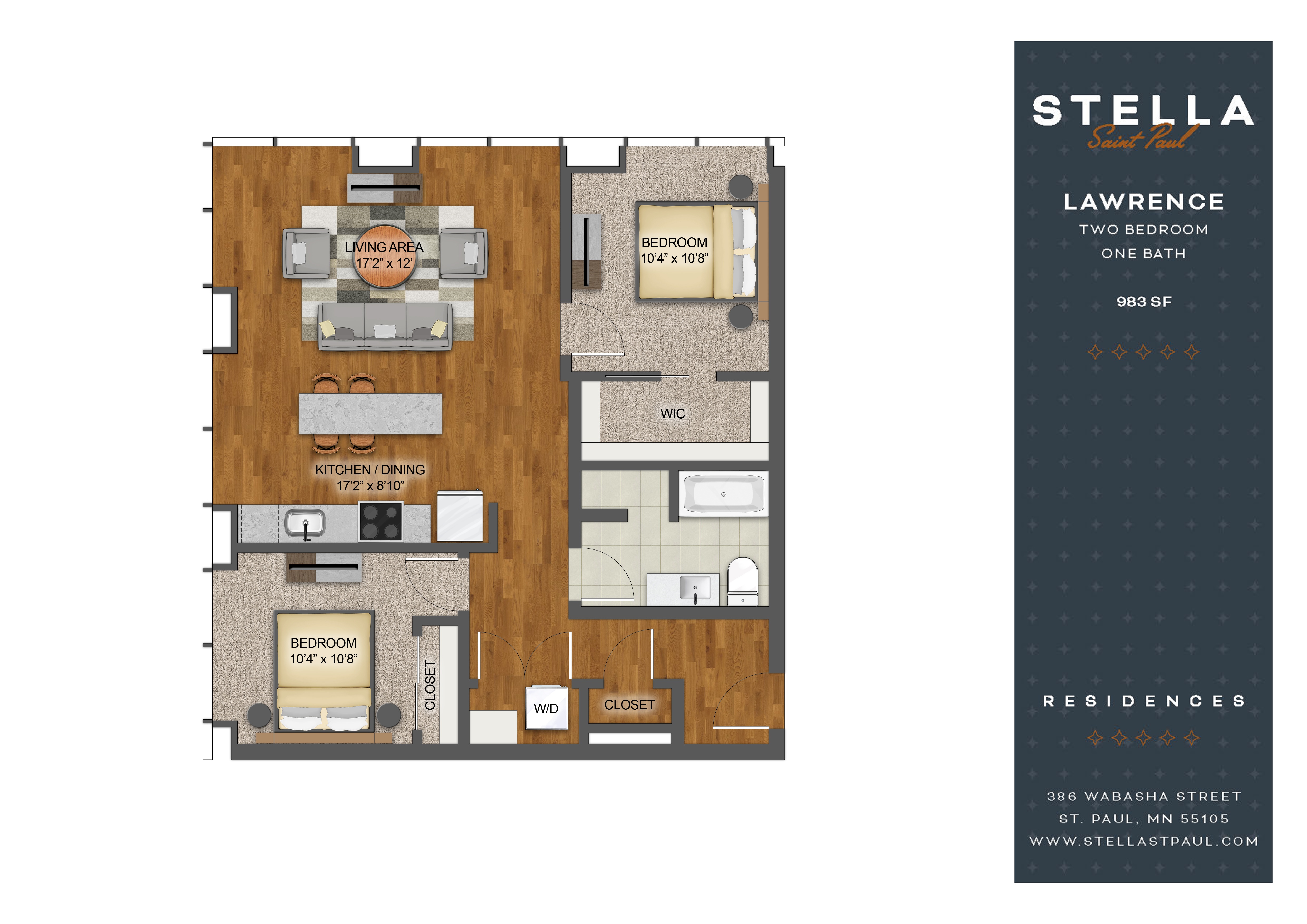Floor plan for 2 beds, 1 bath, 983 sqft