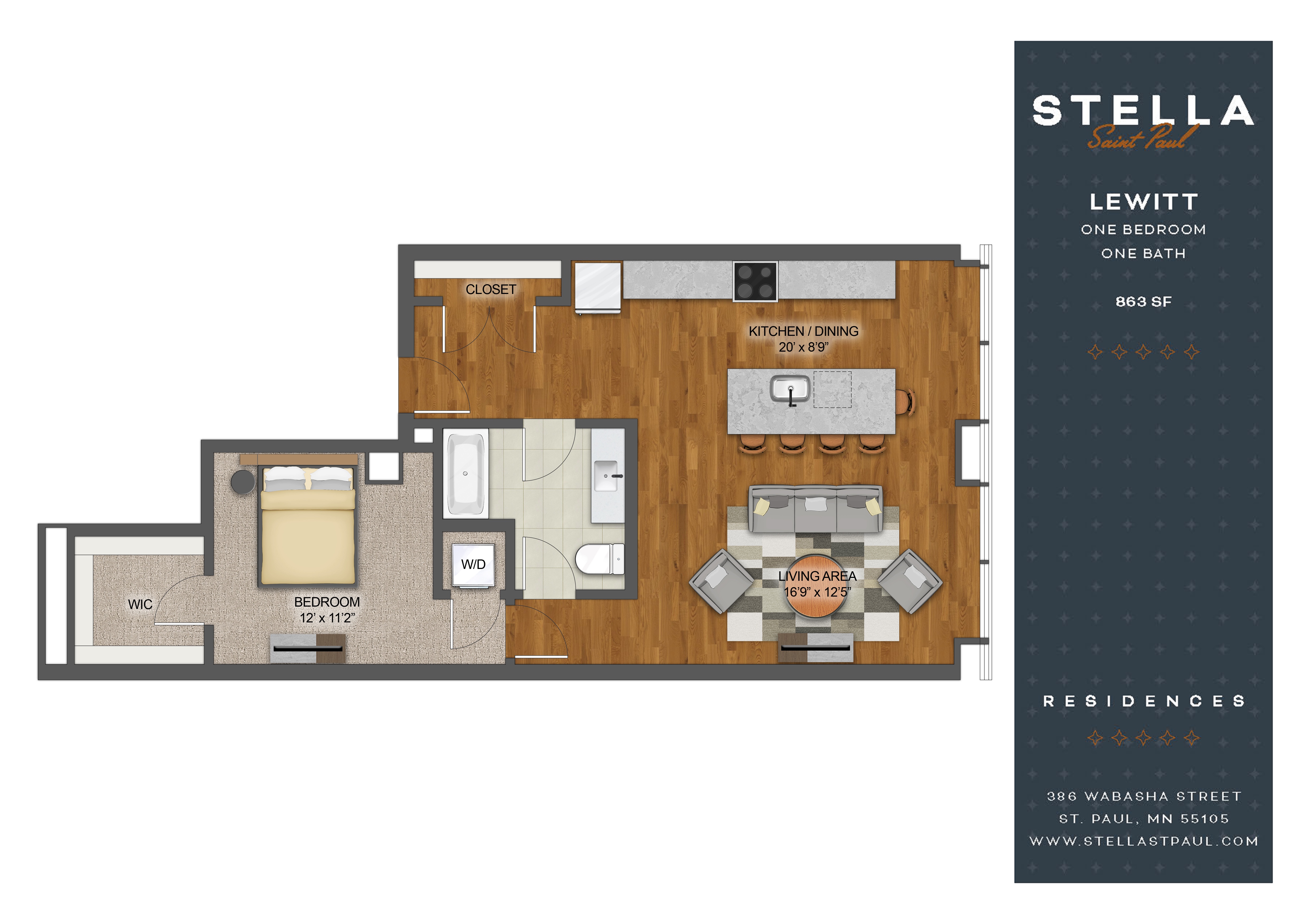 Floor plan for 1 bed, 1 bath, 863 sqft