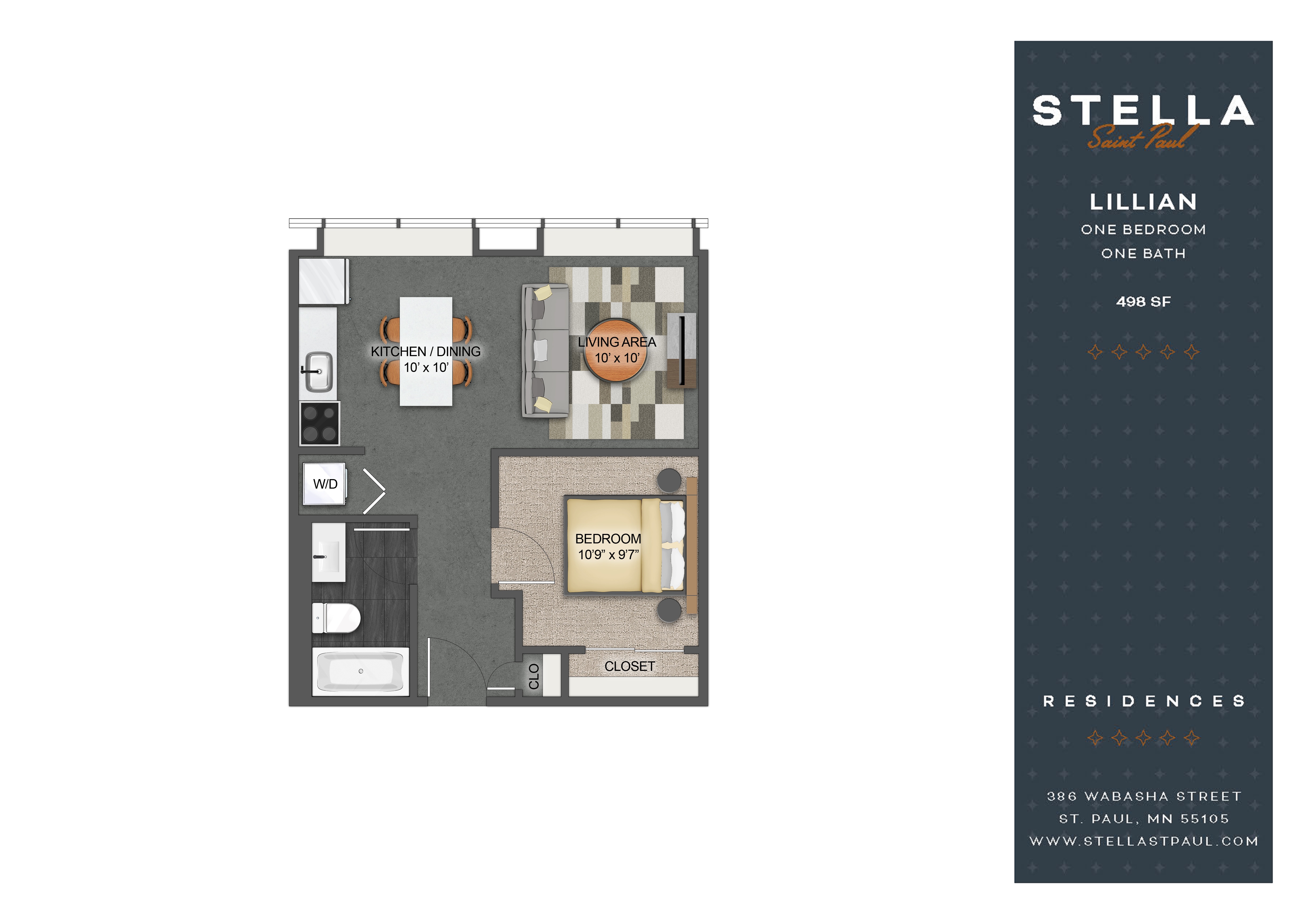 Floor plan for 1 bed, 1 bath, 498 sqft