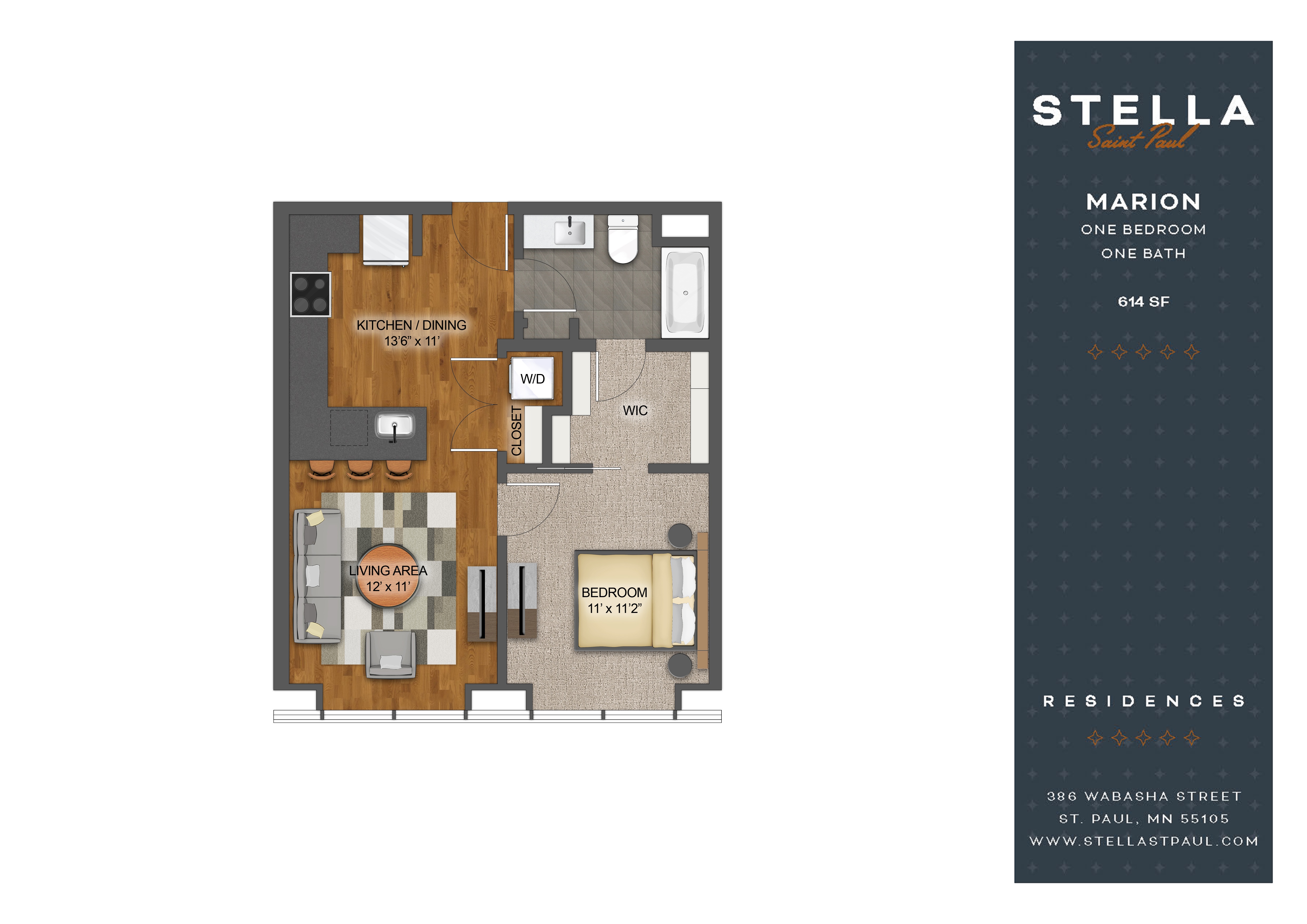 Floor plan for 1 bed, 1 bath, 614 sqft