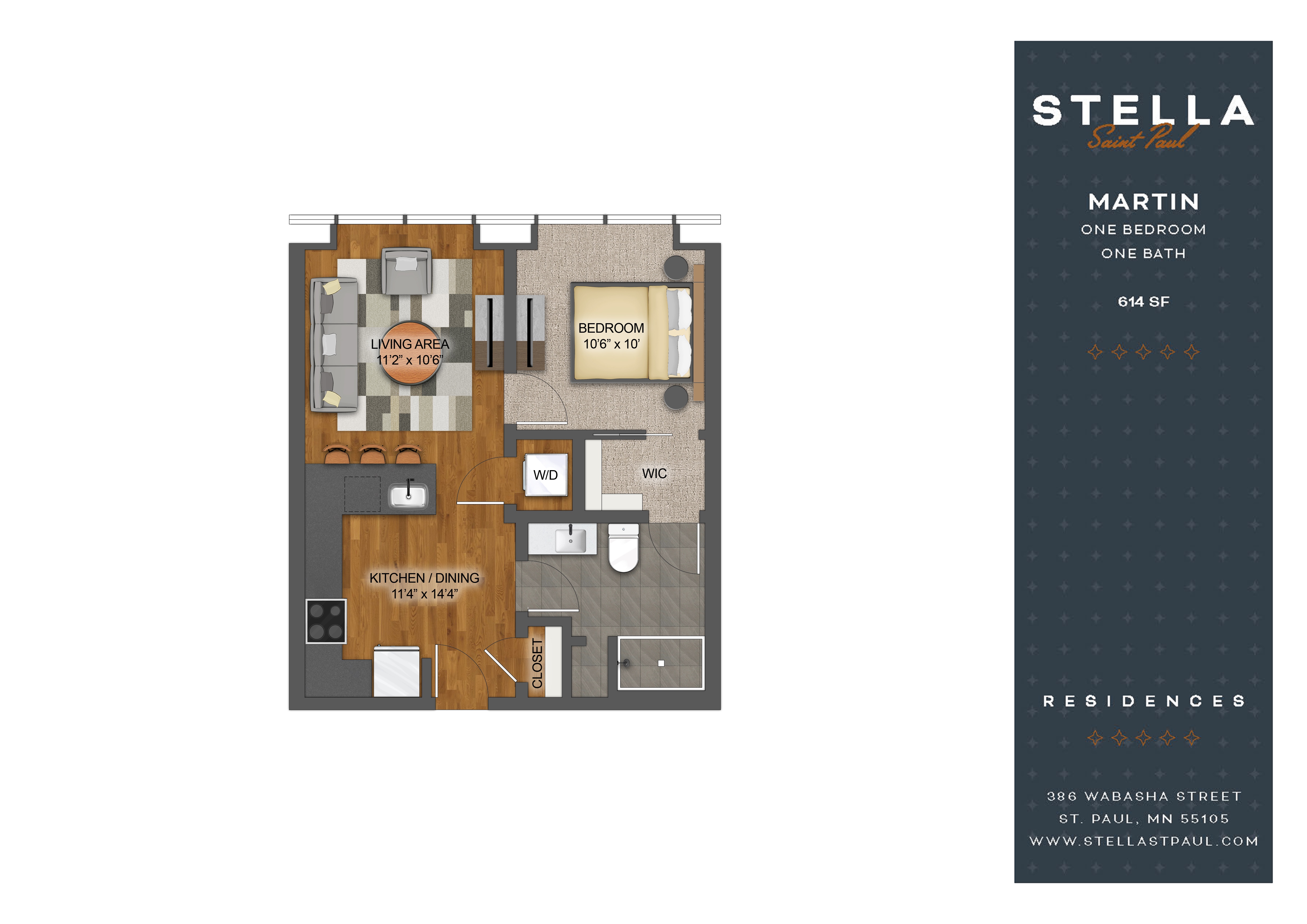 Floor plan for 1 bed, 1 bath, 614 sqft