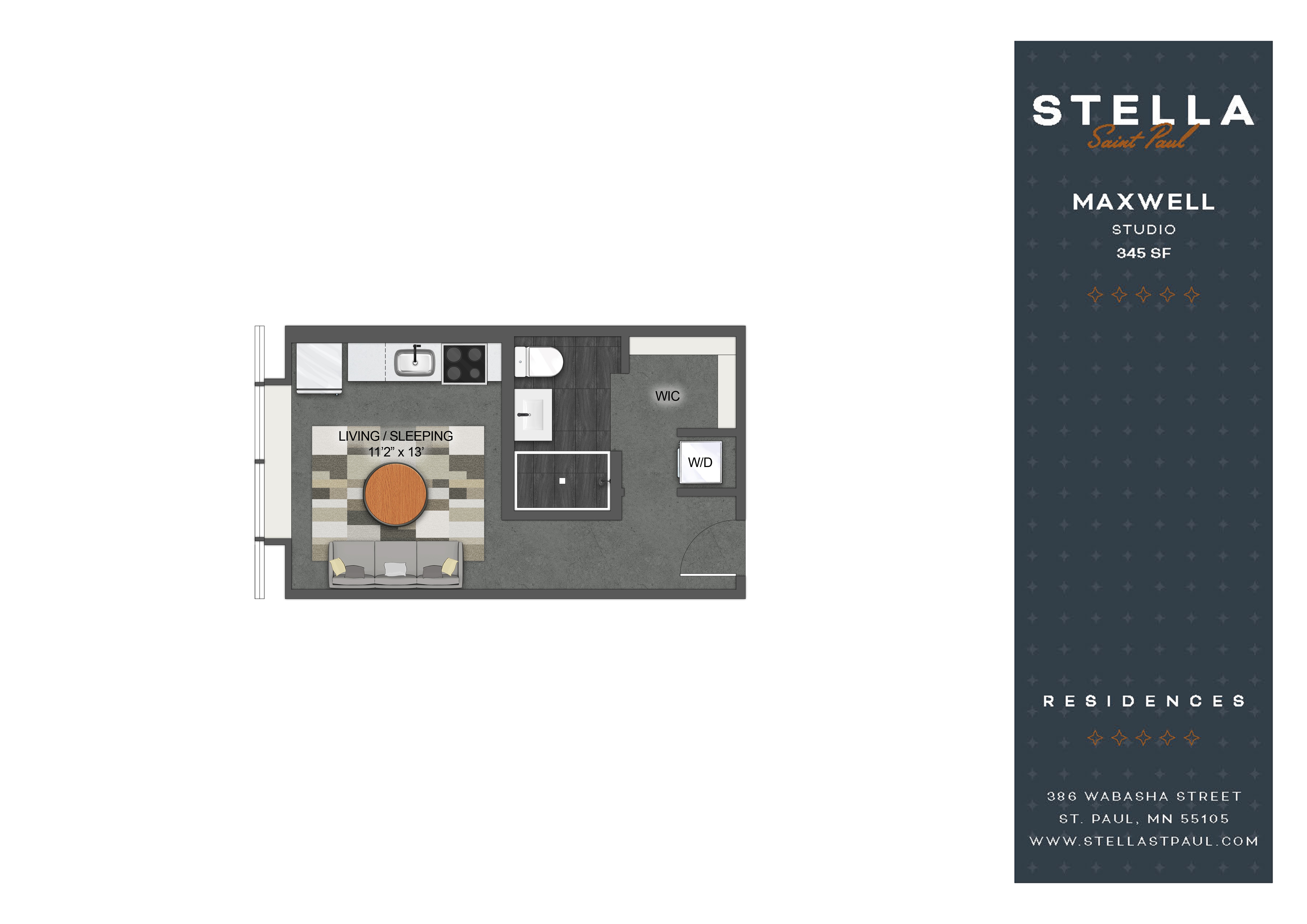 Floor plan for studio, 1 bath, 345 sqft