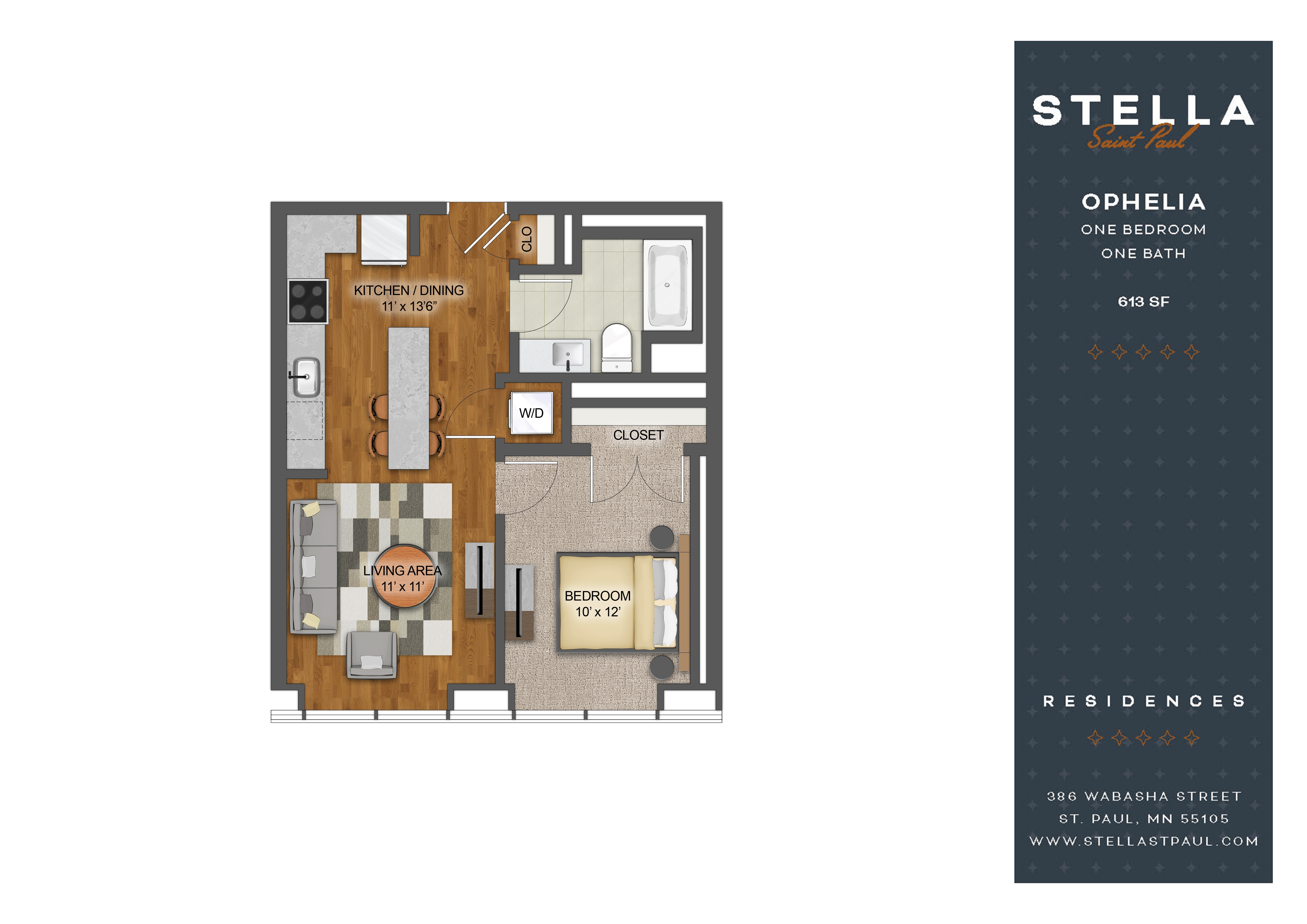 Floor plan for 1 bed, 1 bath, 613 sqft