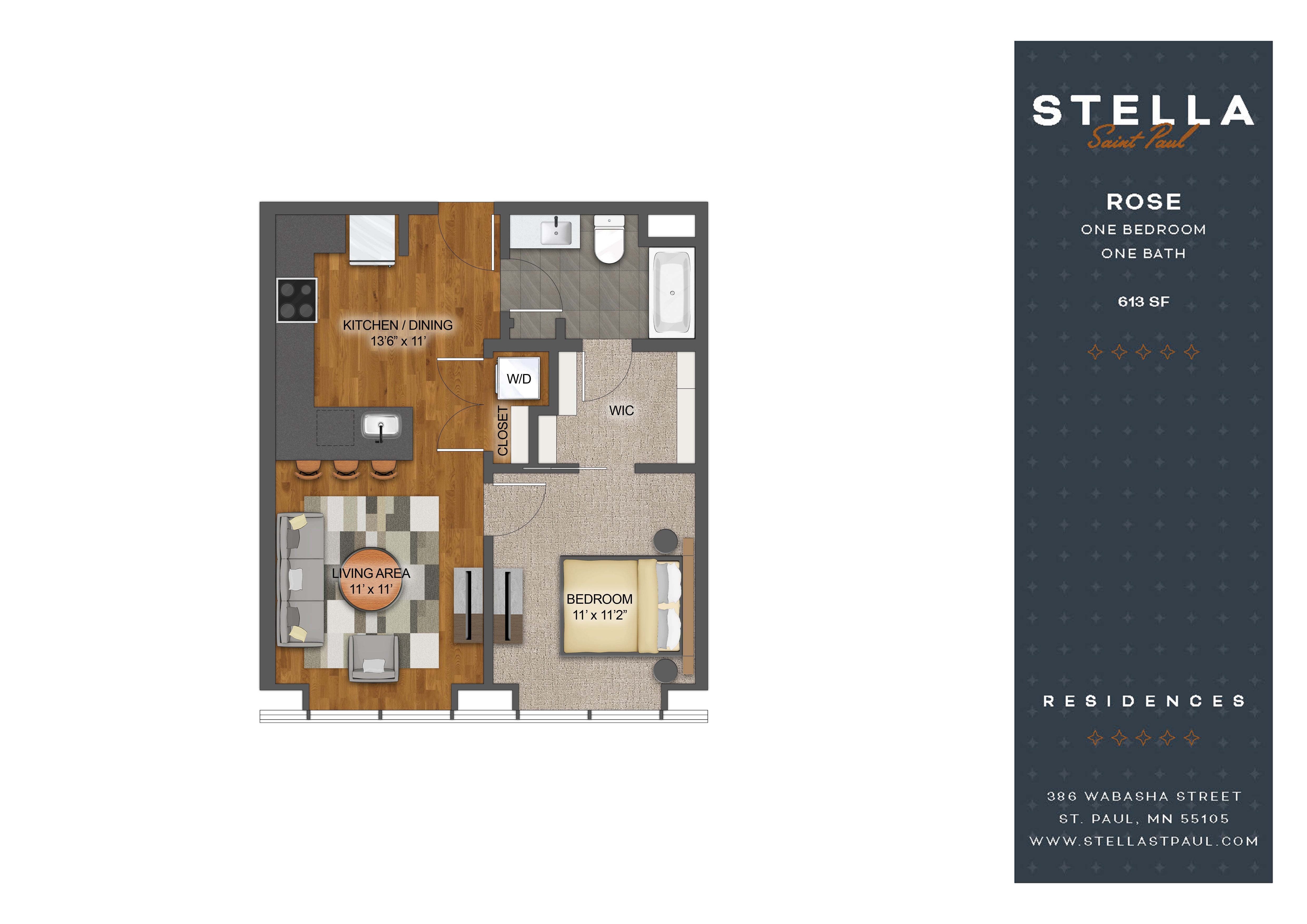 Floor plan for 1 bed, 1 bath, 613 sqft