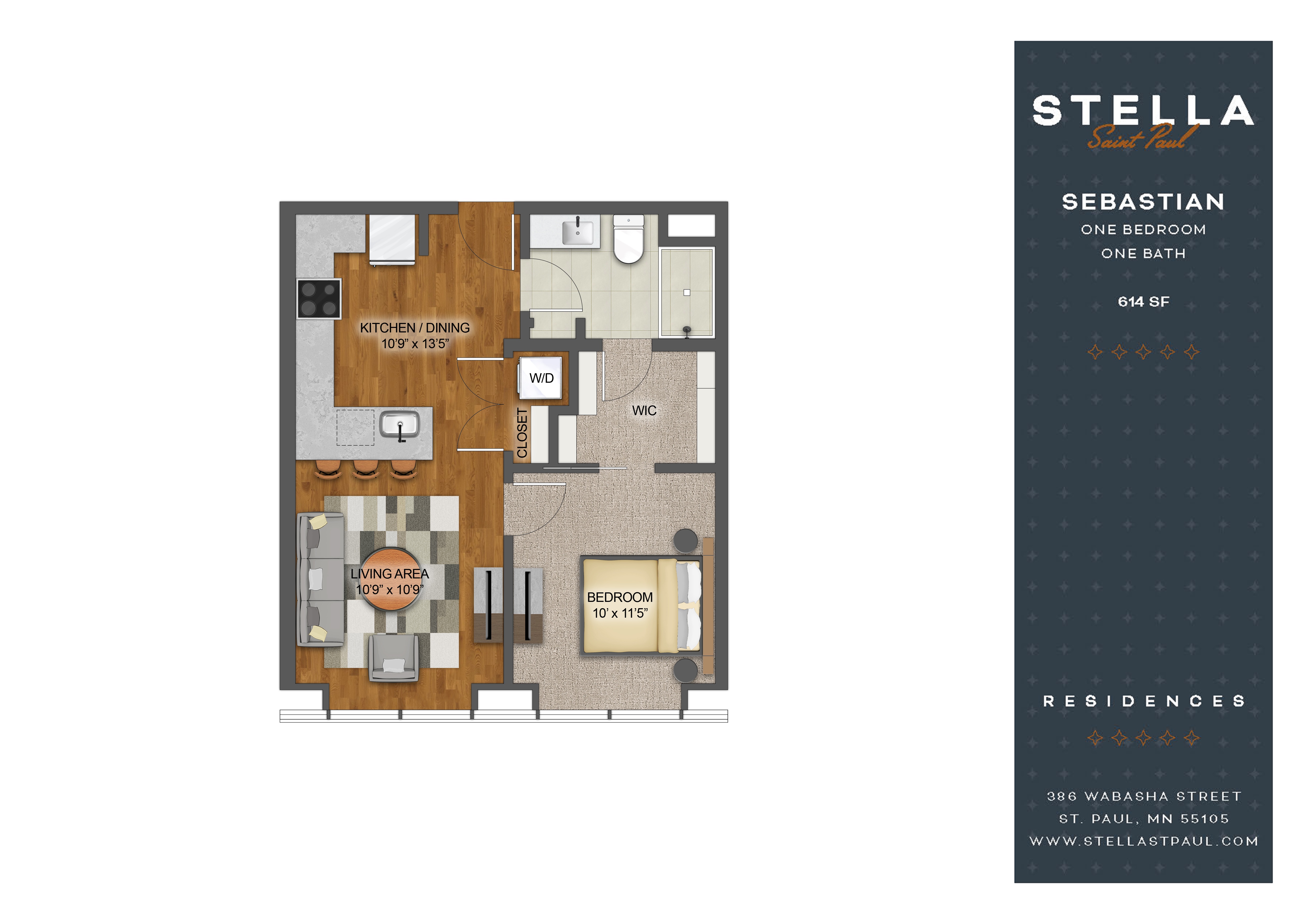 Floor plan for 1 bed, 1 bath, 614 sqft