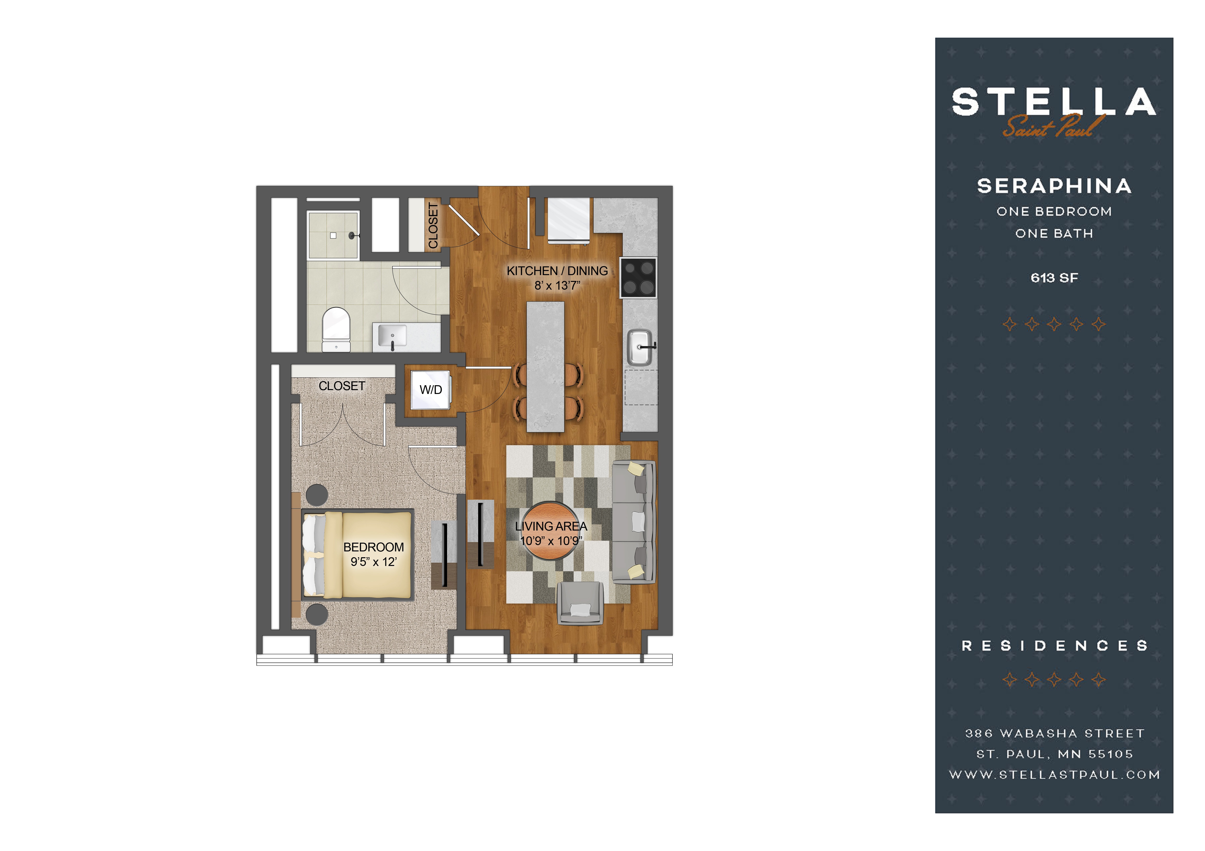 Floor plan for 1 bed, 1 bath, 613 sqft