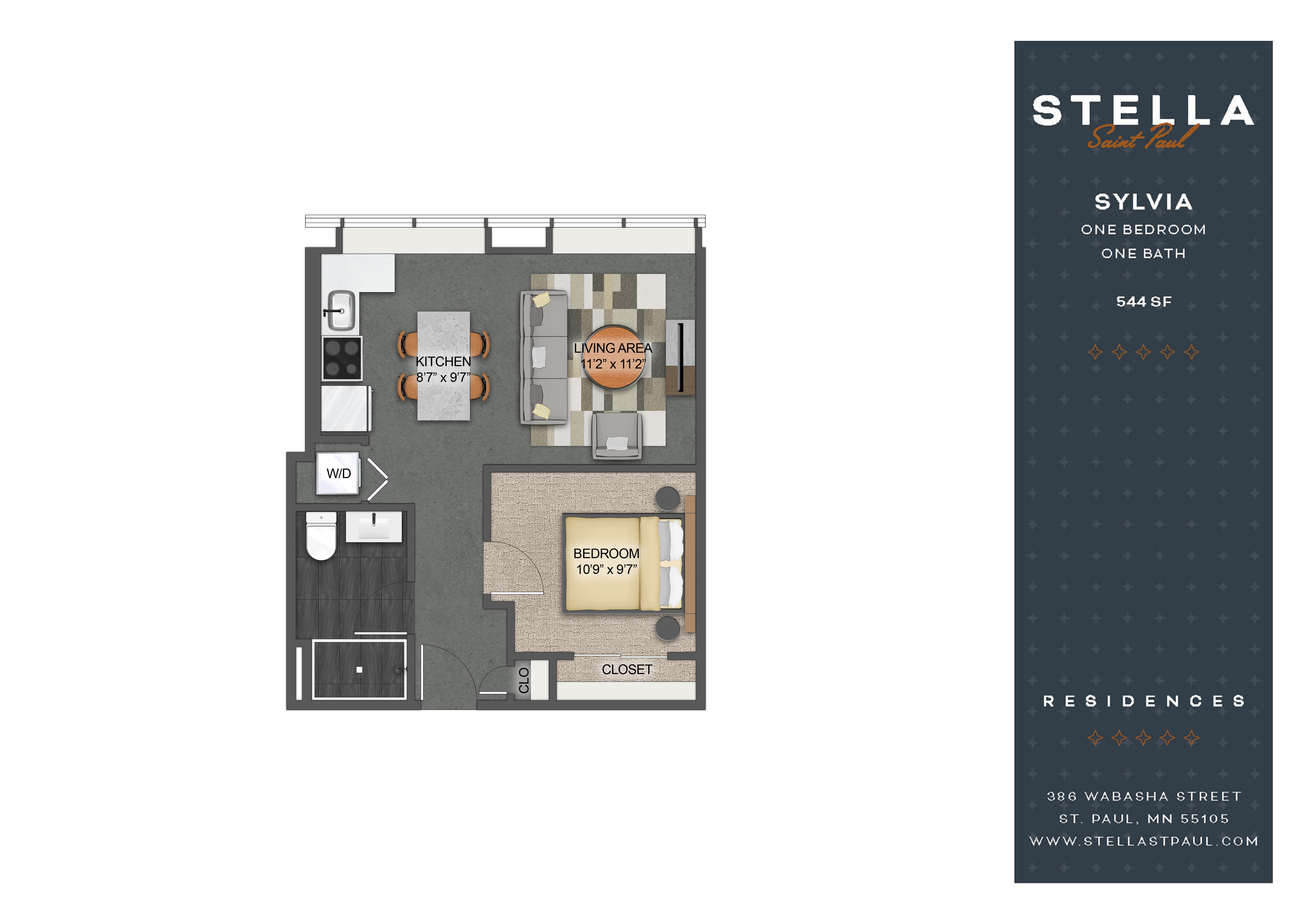 Floor plan for 1 bed, 1 bath, 544 sqft