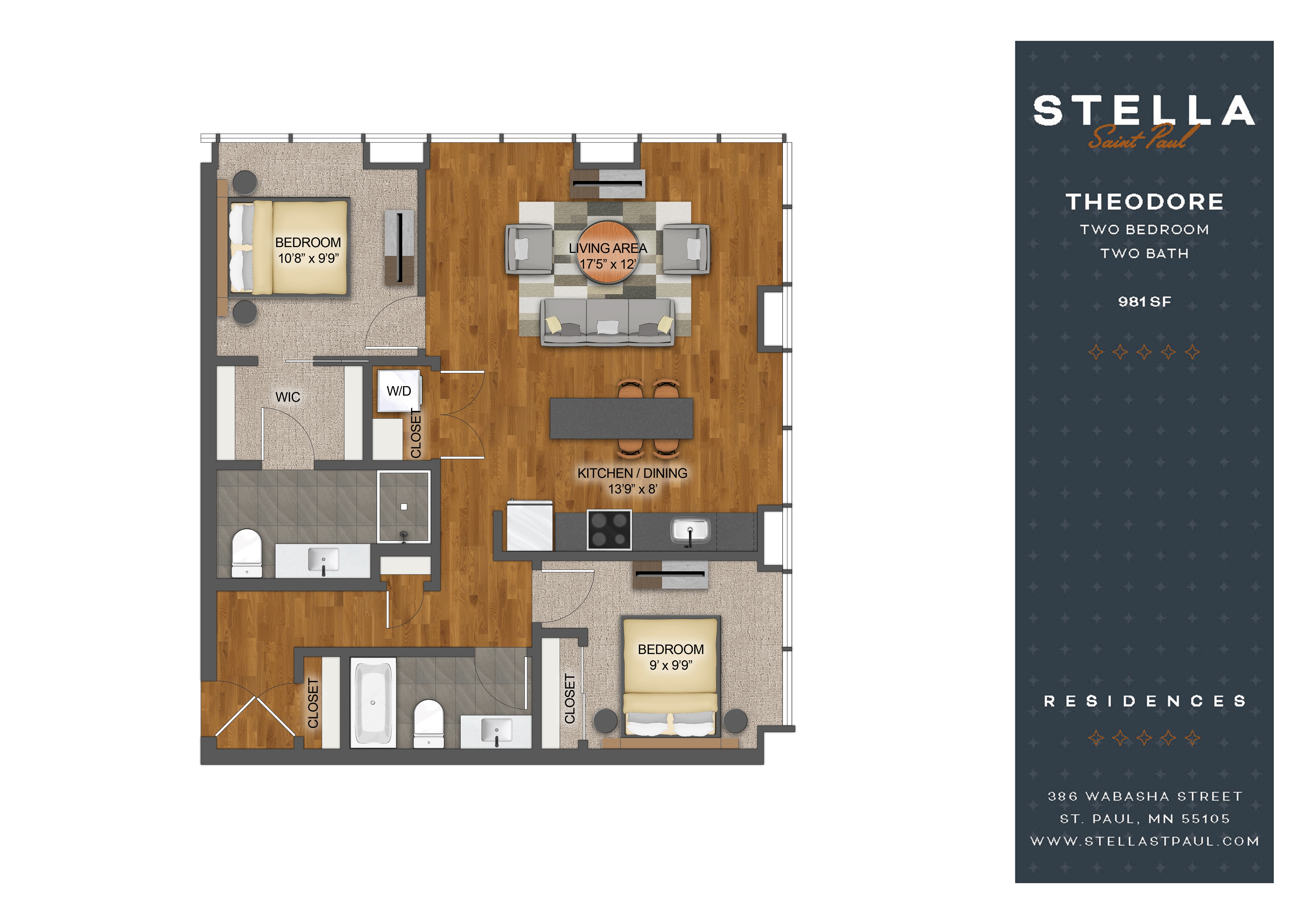 Floor plan for 2 beds, 2 baths, 981 sqft