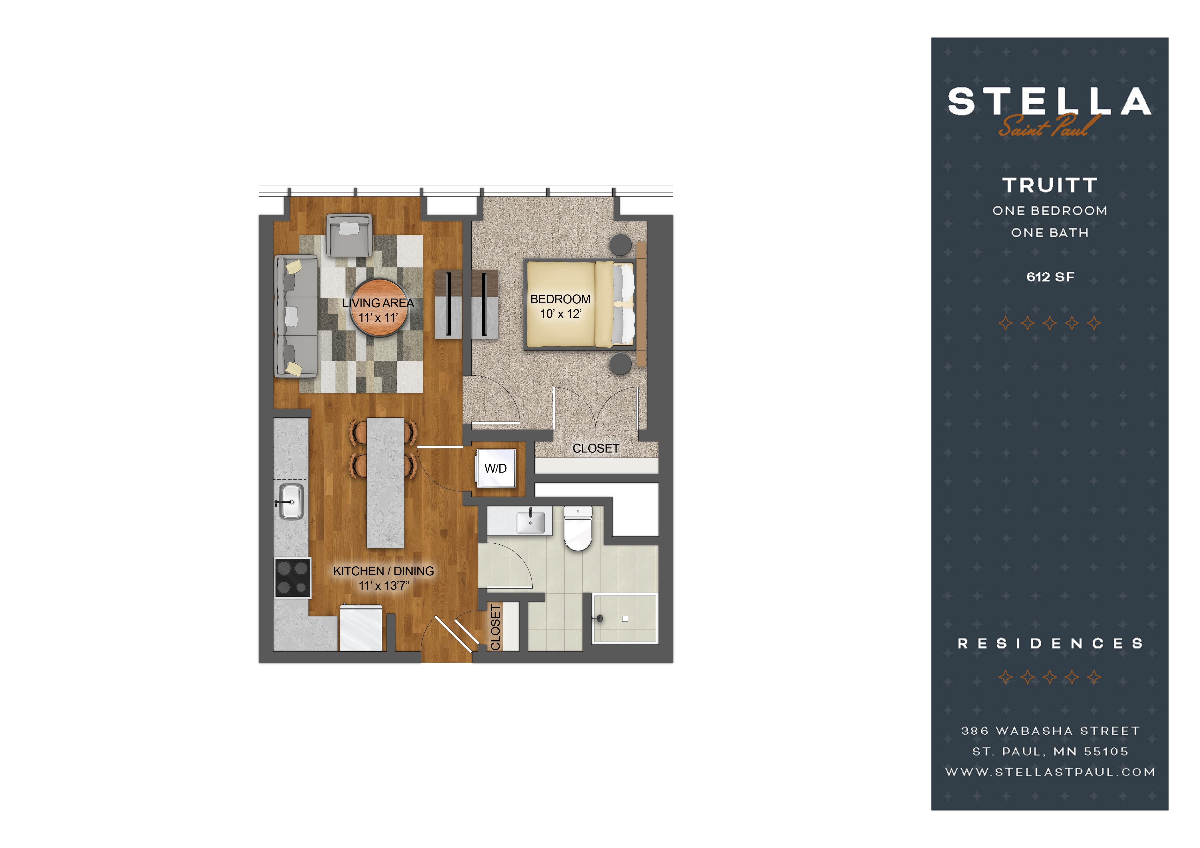 Floor plan for 1 bed, 1 bath, 612 sqft