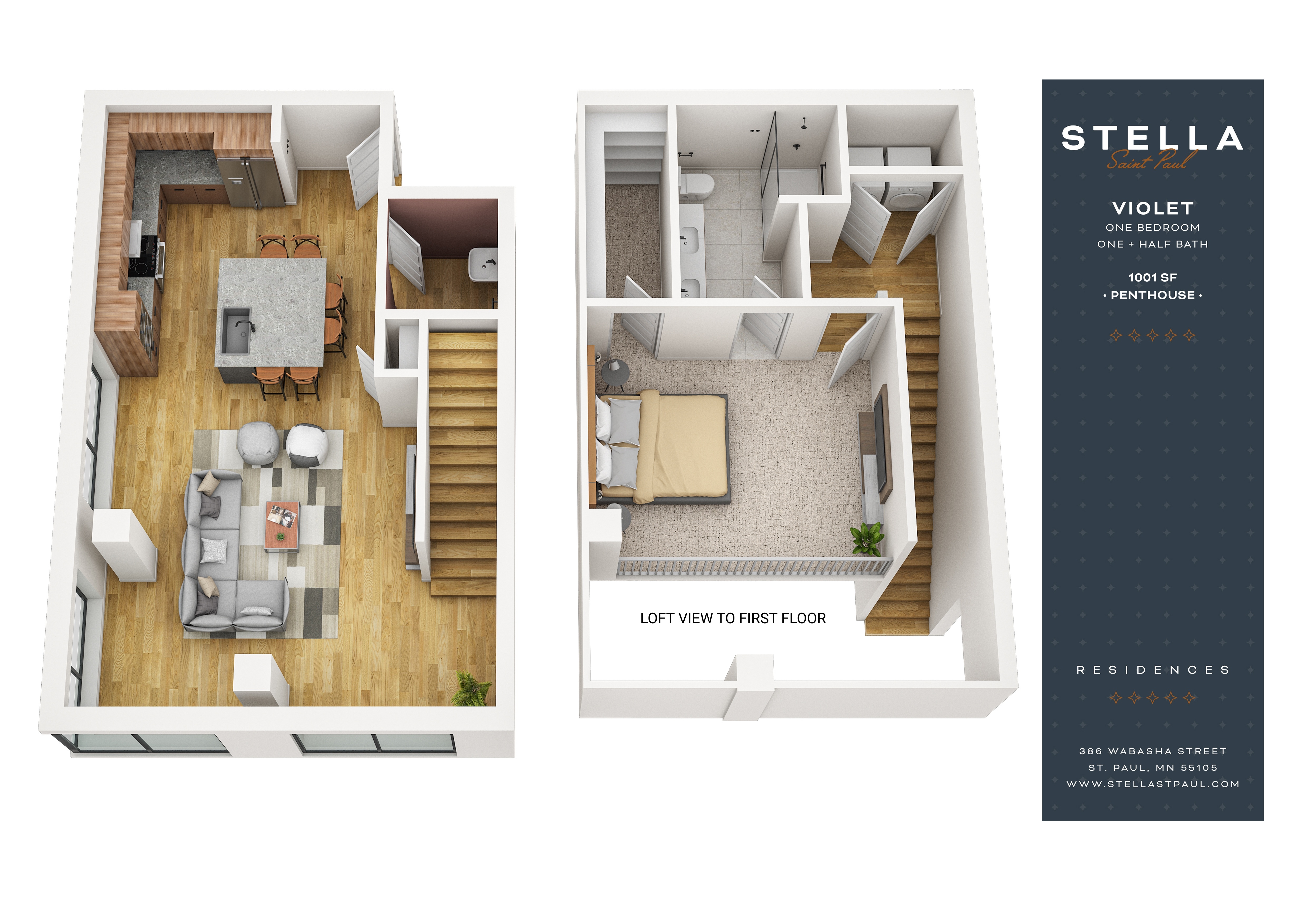 Floor plan for 1 bed, 1.5 baths, 1001 sqft