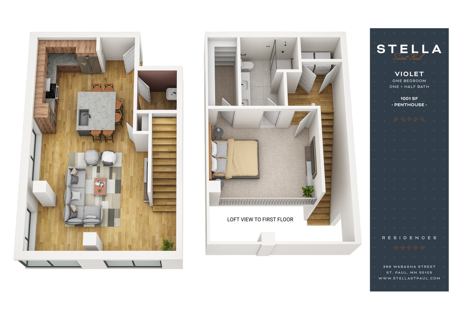 Floor plan for 1 bed, 1.5 baths, 1001 sqft