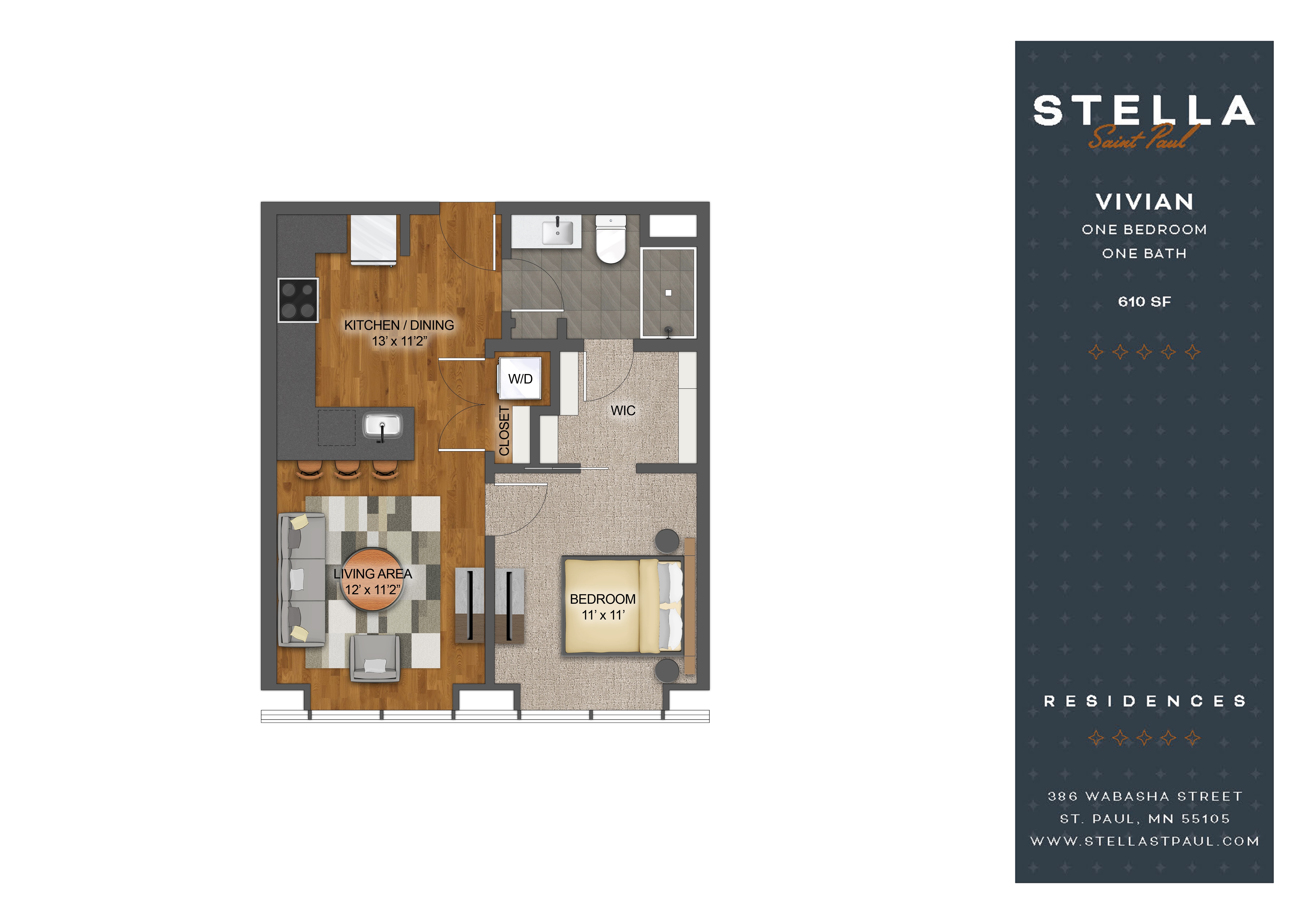 Floor plan for 1 bed, 1 bath, 610 sqft