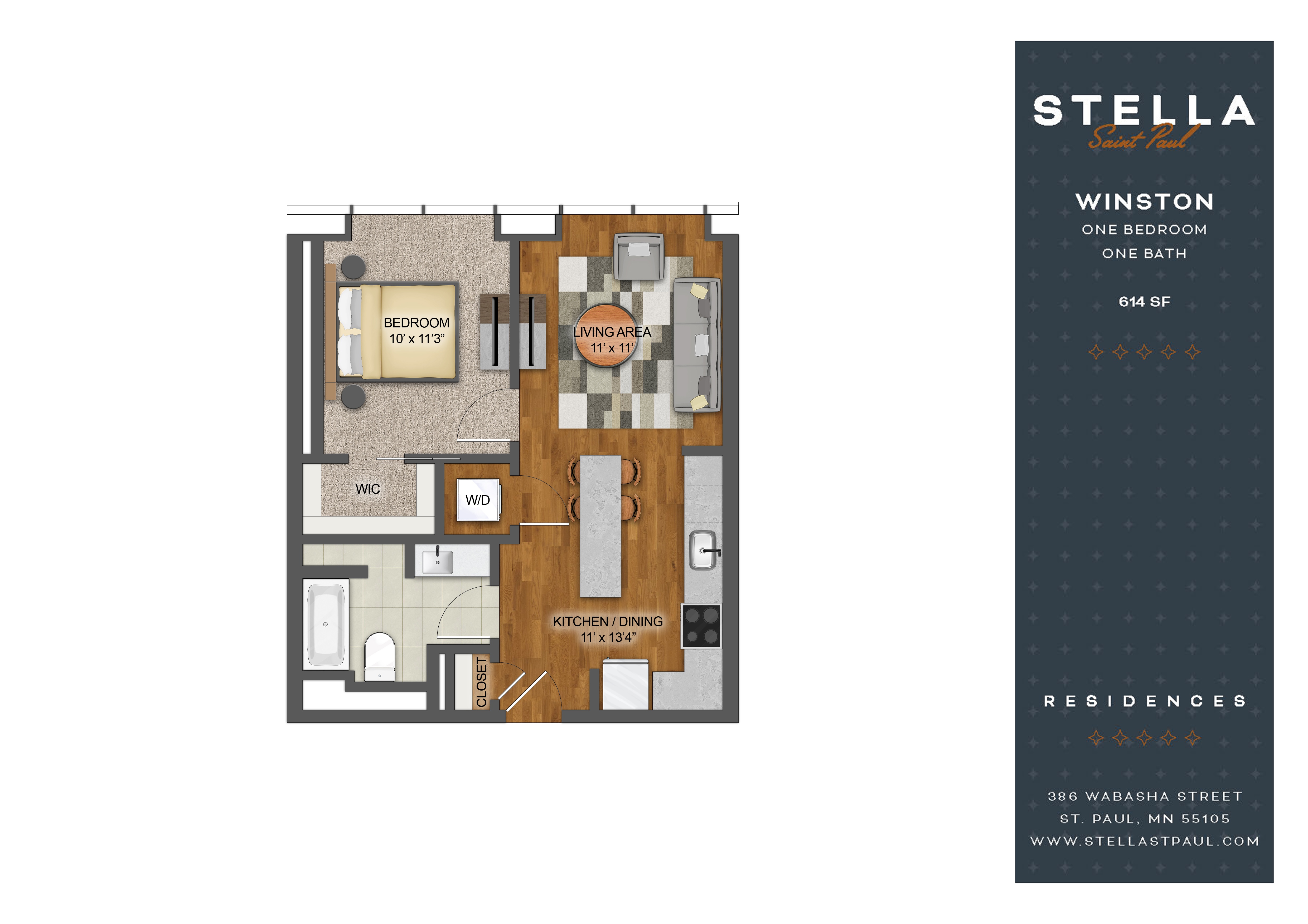 Floor plan for 1 bed, 1 bath, 614 sqft