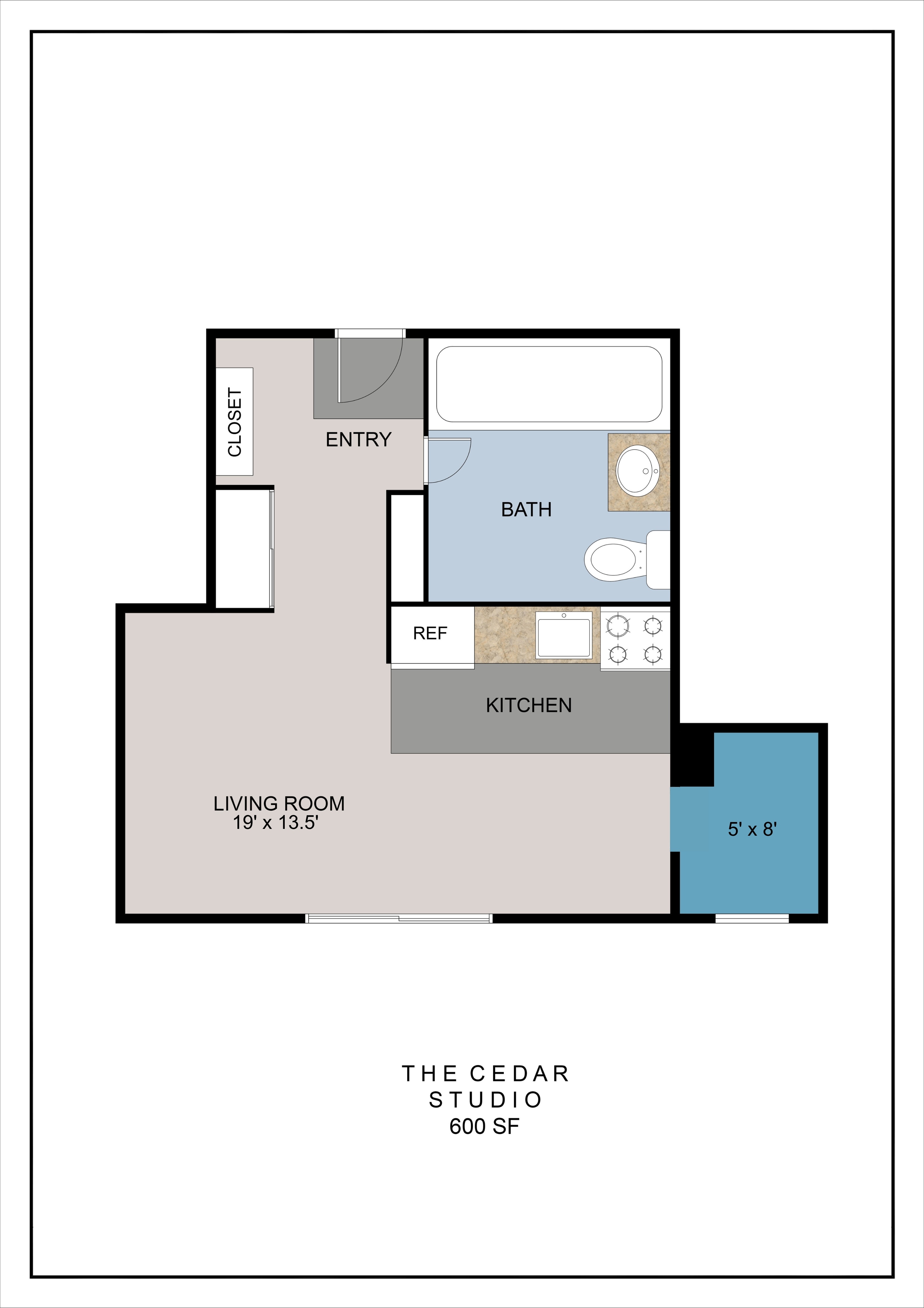 Floor plan for studio, 1 bath, 600 sqft