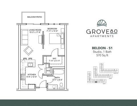 Floor plan for studio, 1 bath, 570 sqft