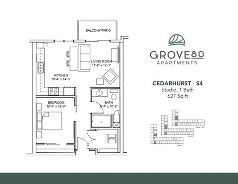 Floor plan for studio, 1 bath, 627 sqft