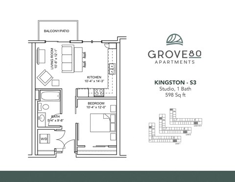 Floor plan for studio, 1 bath, 598 sqft