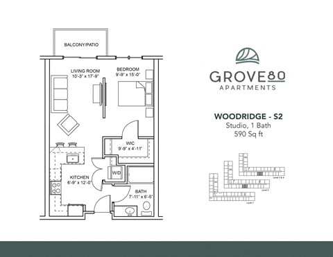 Floor plan for studio, 1 bath, 590 sqft