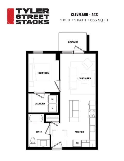Floor plan for 1 bed, 1 bath, 664 sqft