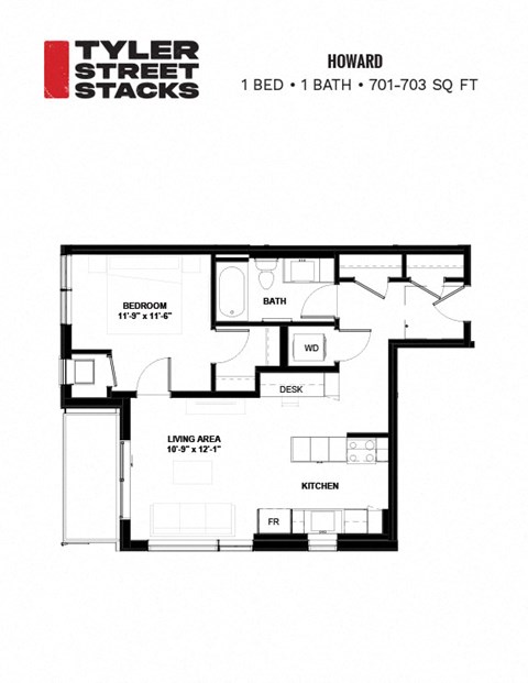 Floor plan for 1 bed, 1 bath, 703 sqft