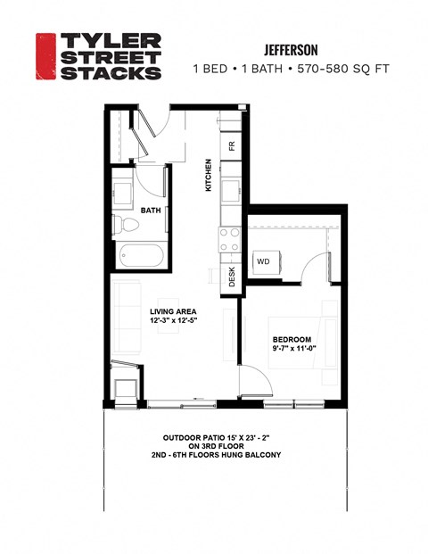 Floor plan for 1 bed, 1 bath, 570 sqft