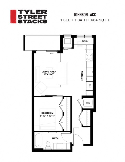 Floor plan for 1 bed, 1 bath, 664 sqft