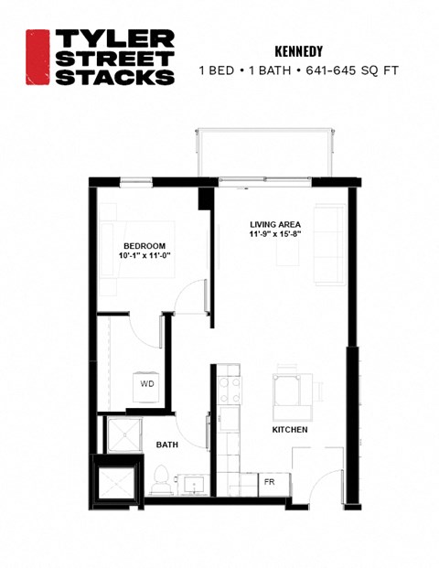 Floor plan for 1 bed, 1 bath, 645 sqft