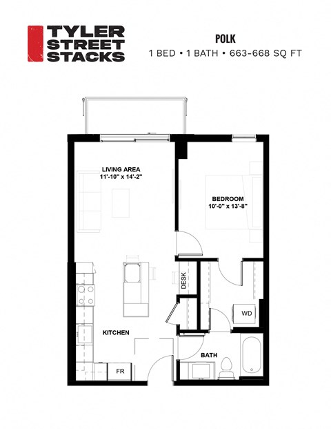 Floor plan for 1 bed, 1 bath, 668 sqft