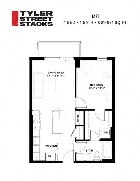Floor plan for 1 bed, 1 bath, 670 sqft