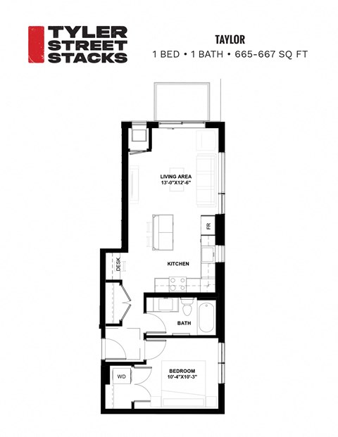 Floor plan for 1 bed, 1 bath, 665 sqft