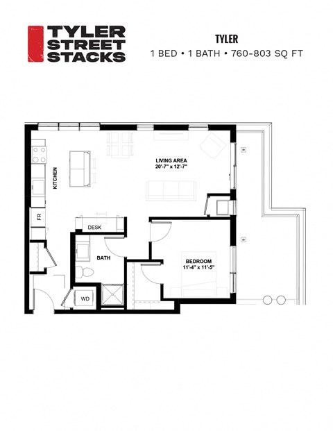 Floor plan for 1 bed, 1 bath, 760 sqft